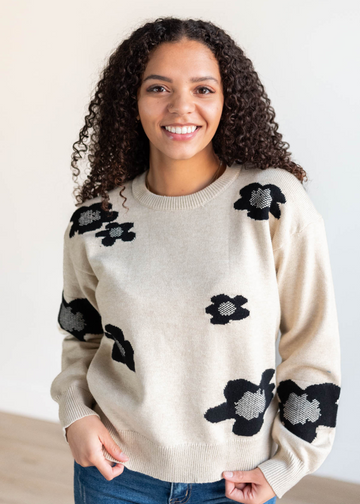 Charnelle Khaki Black Floral Sweater
