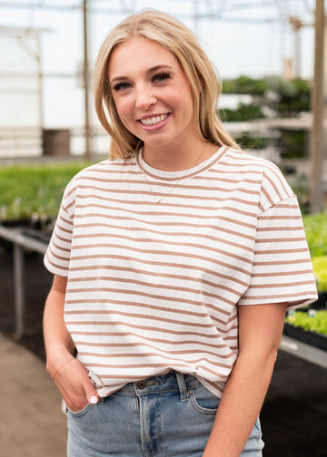 Daizy White Taupe Striped Top