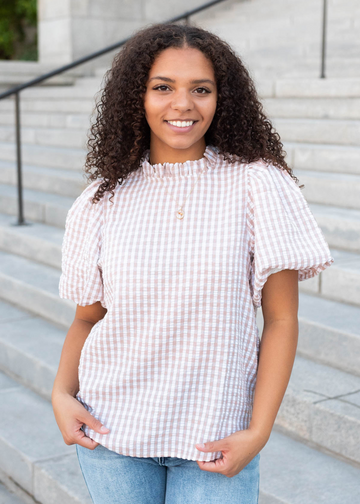 Kyla Latte Gingham Puff Sleeve Top