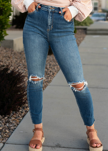 Olympia Dark Denim High Rise Distressed Jeans