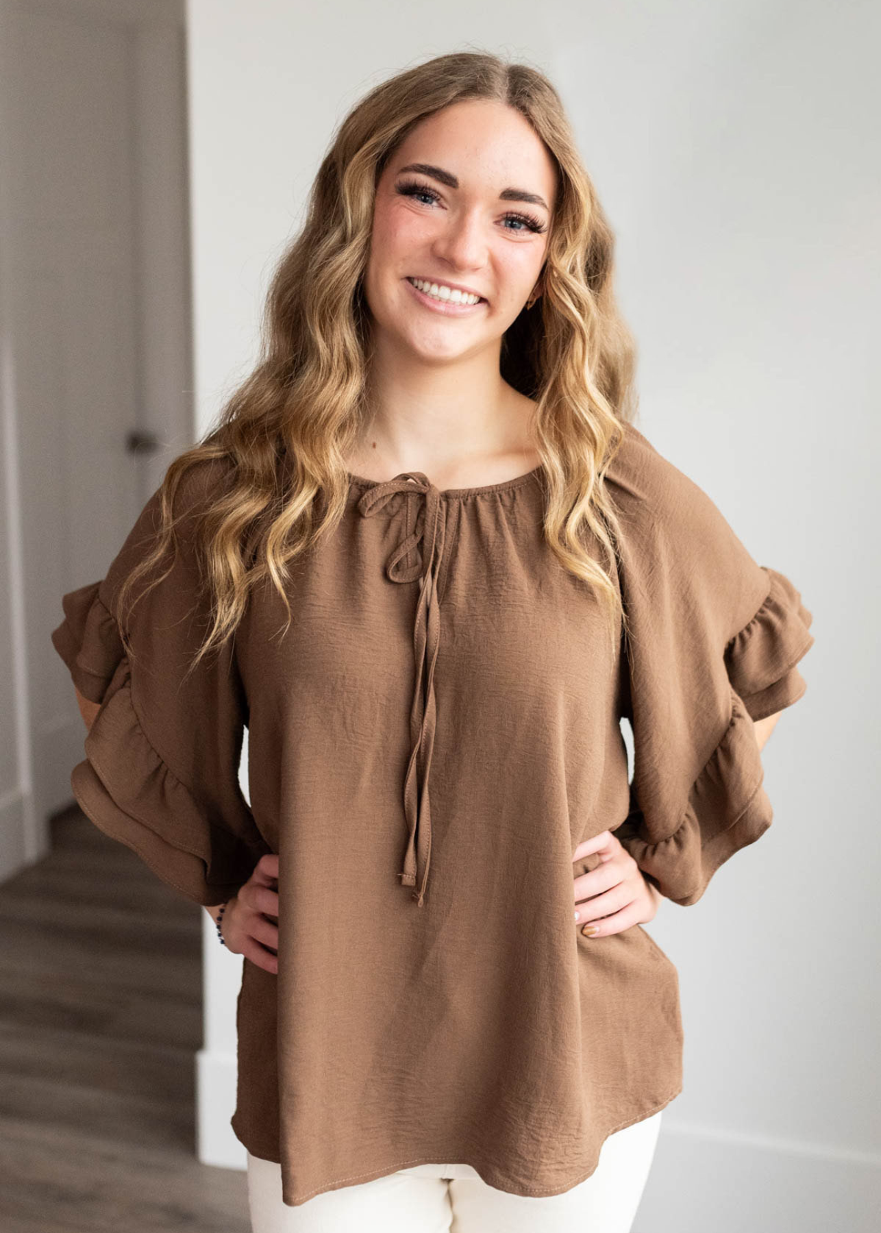 Britini Cocoa Ruffle Sleeve Blouse
