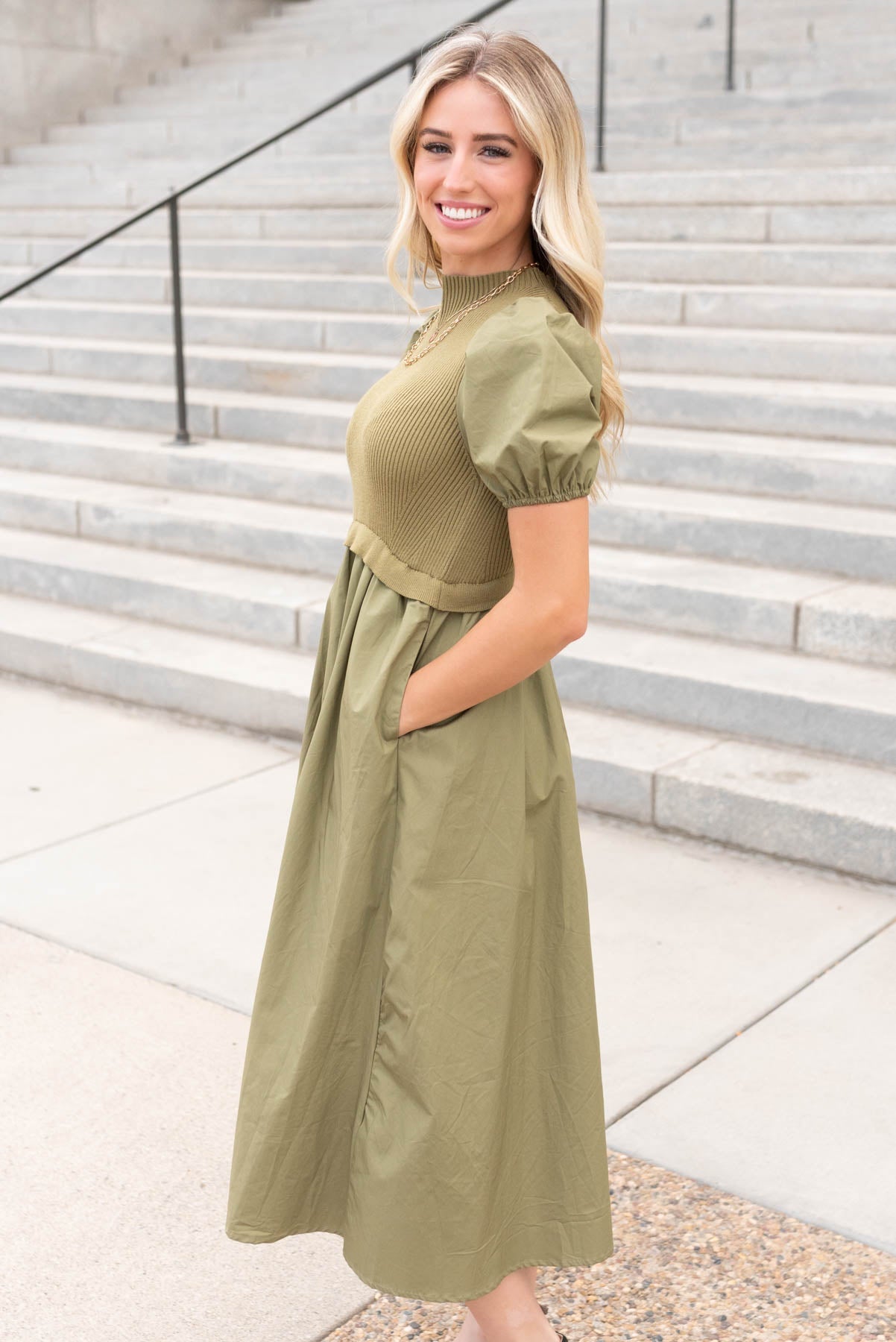 Avery Olive Knit Bodice Dress