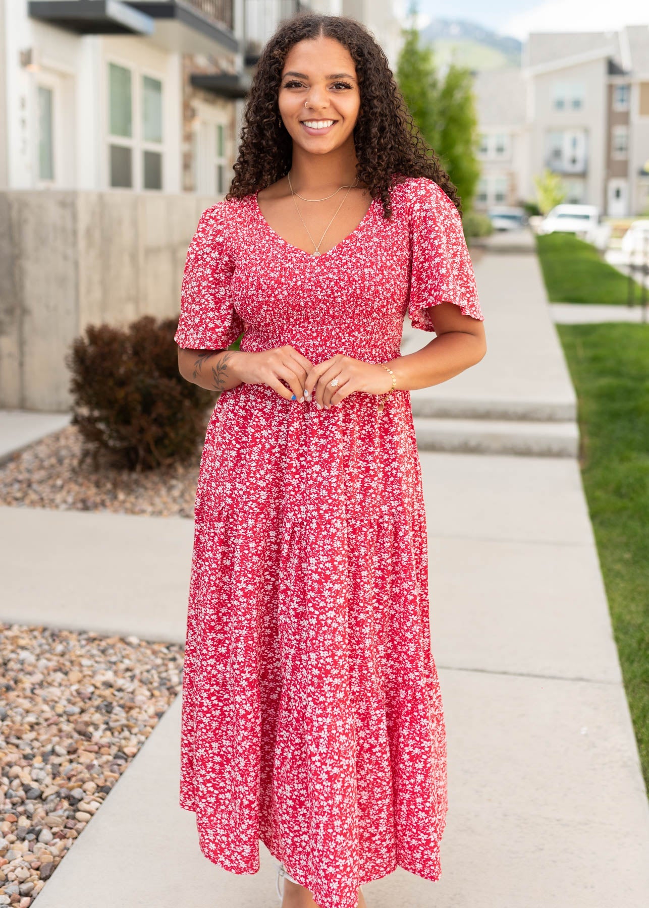 Aylin Red Floral Tiered Dress