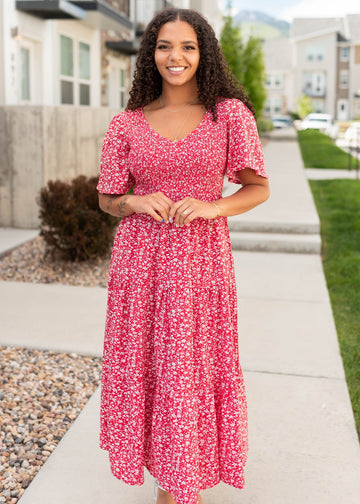 Aylin Red Floral Tiered Dress
