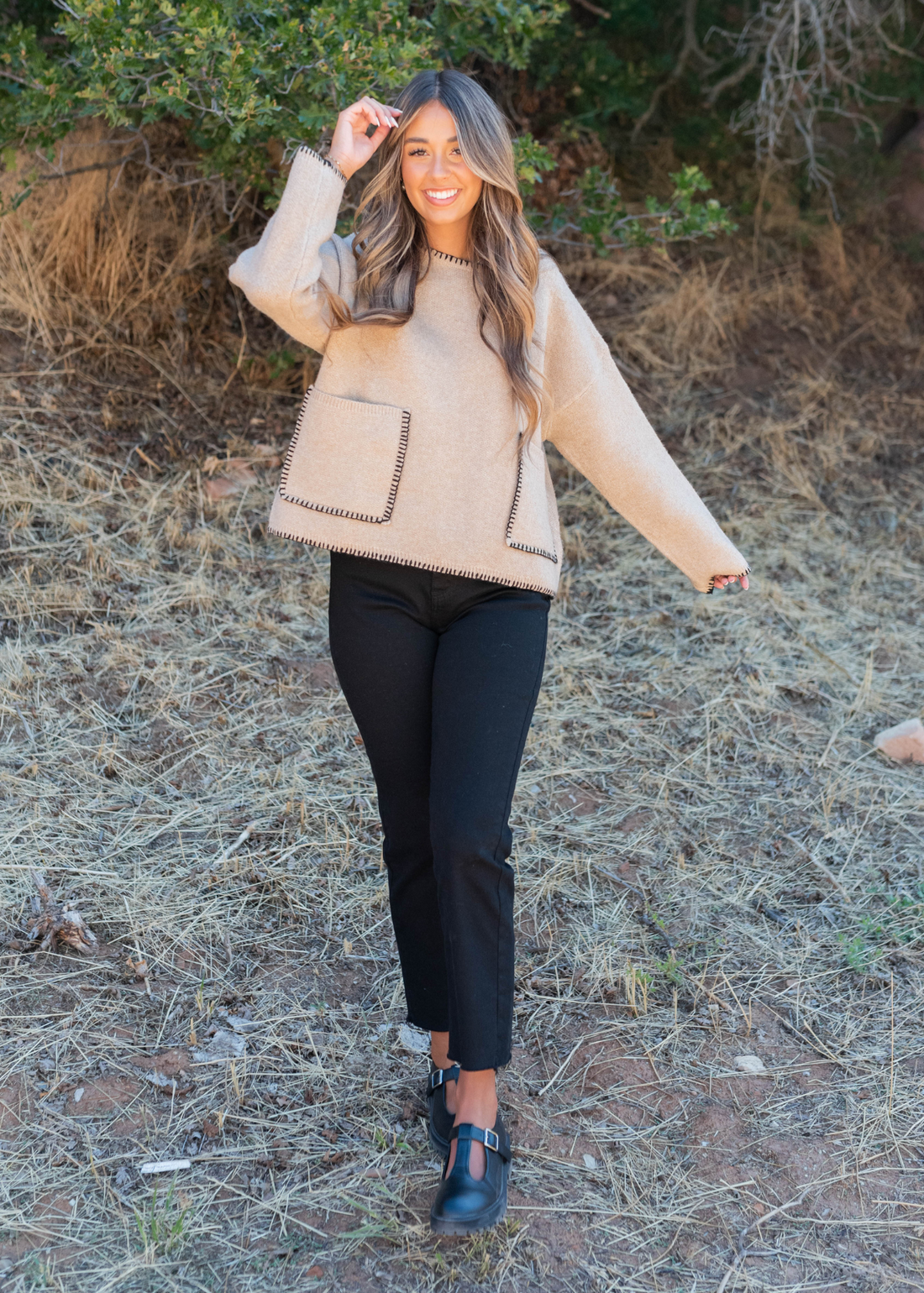 Belinda Taupe Stitch Pocket Sweater