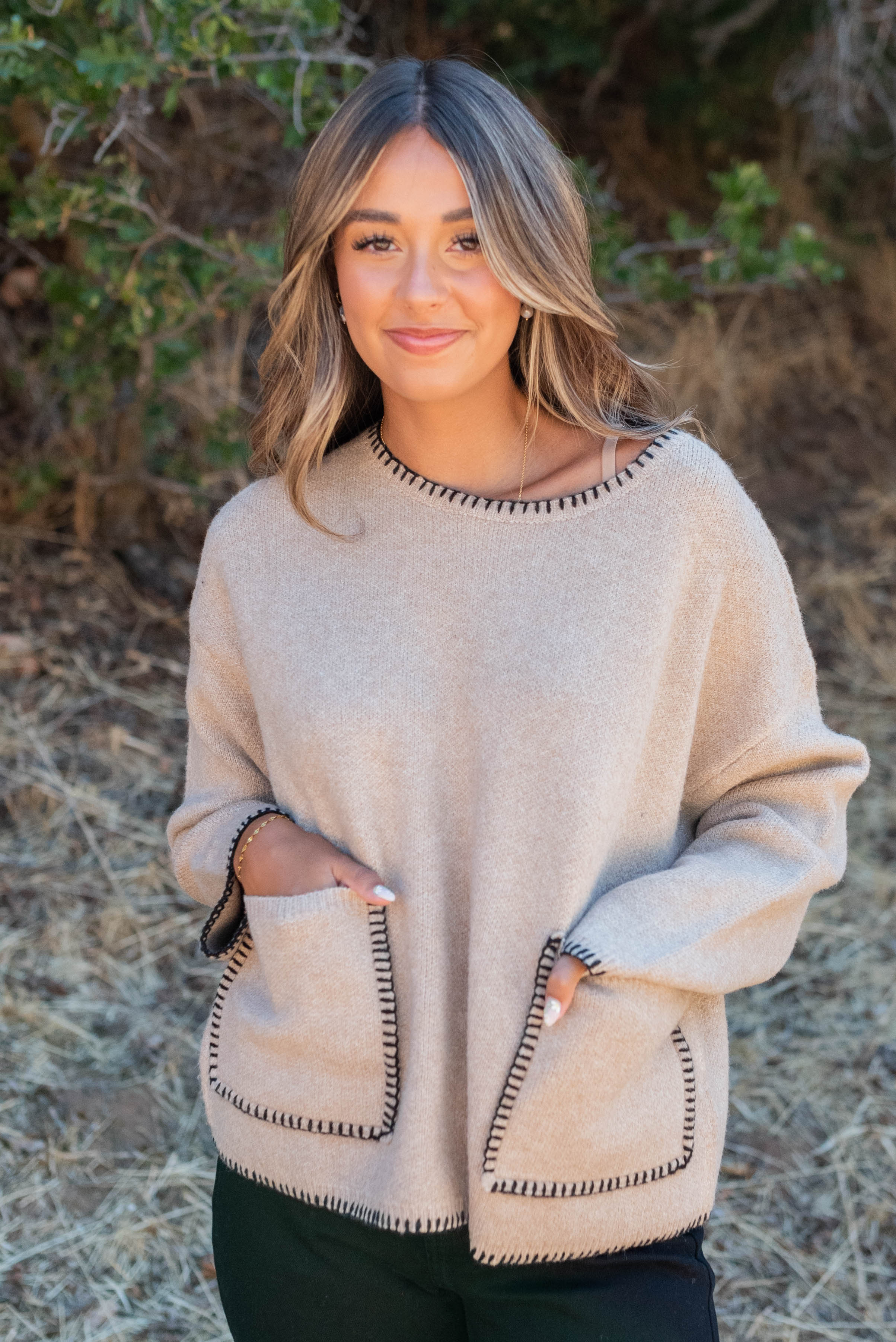 Belinda Taupe Stitch Pocket Sweater