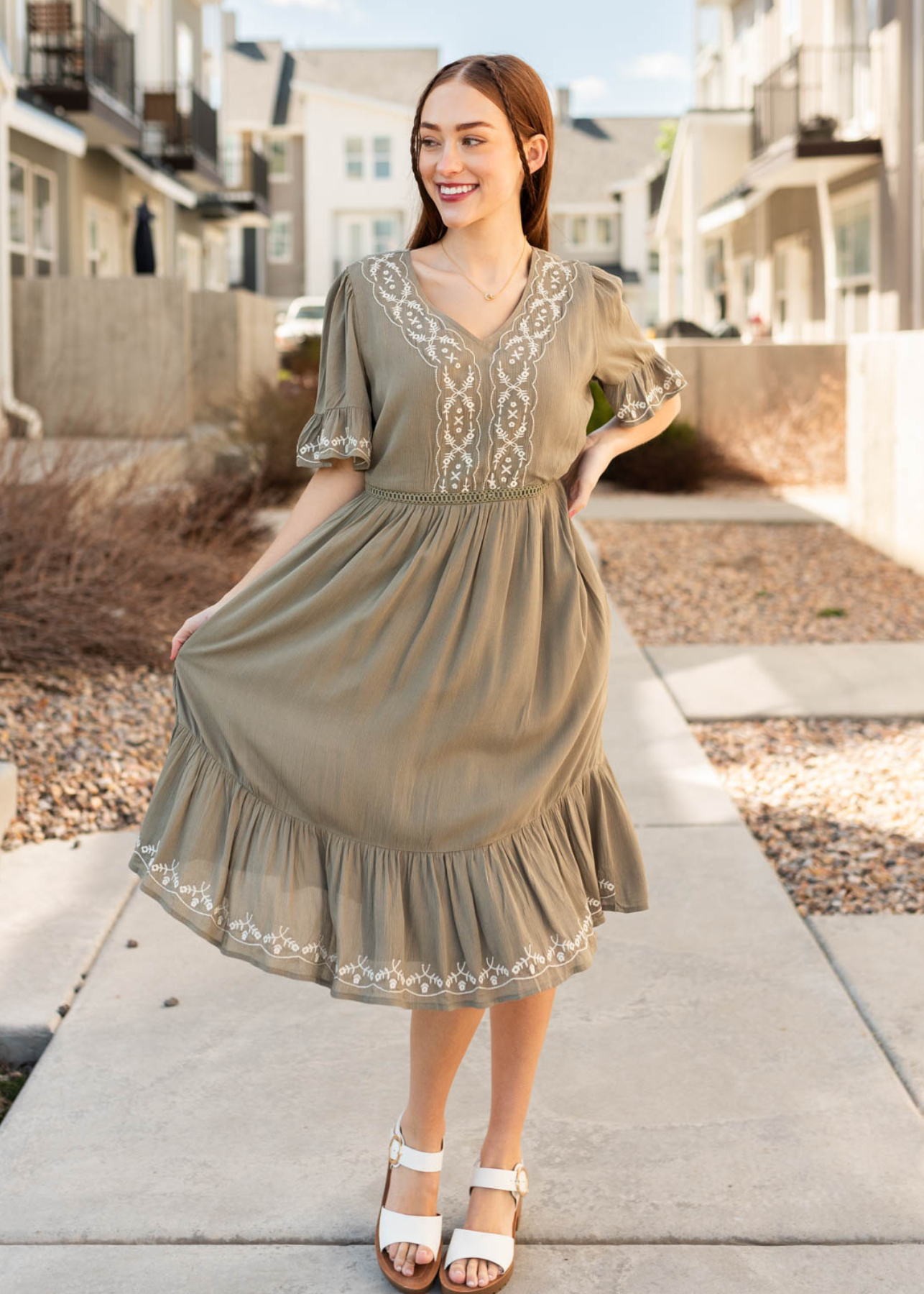 Breana Sage Embroidered Dress