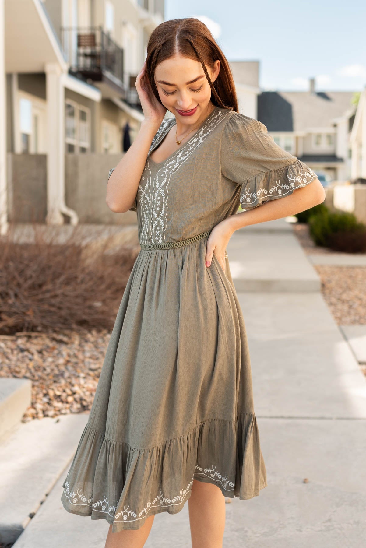Breana Sage Embroidered Dress