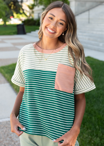 Brinley Green Stripe Pocket Top