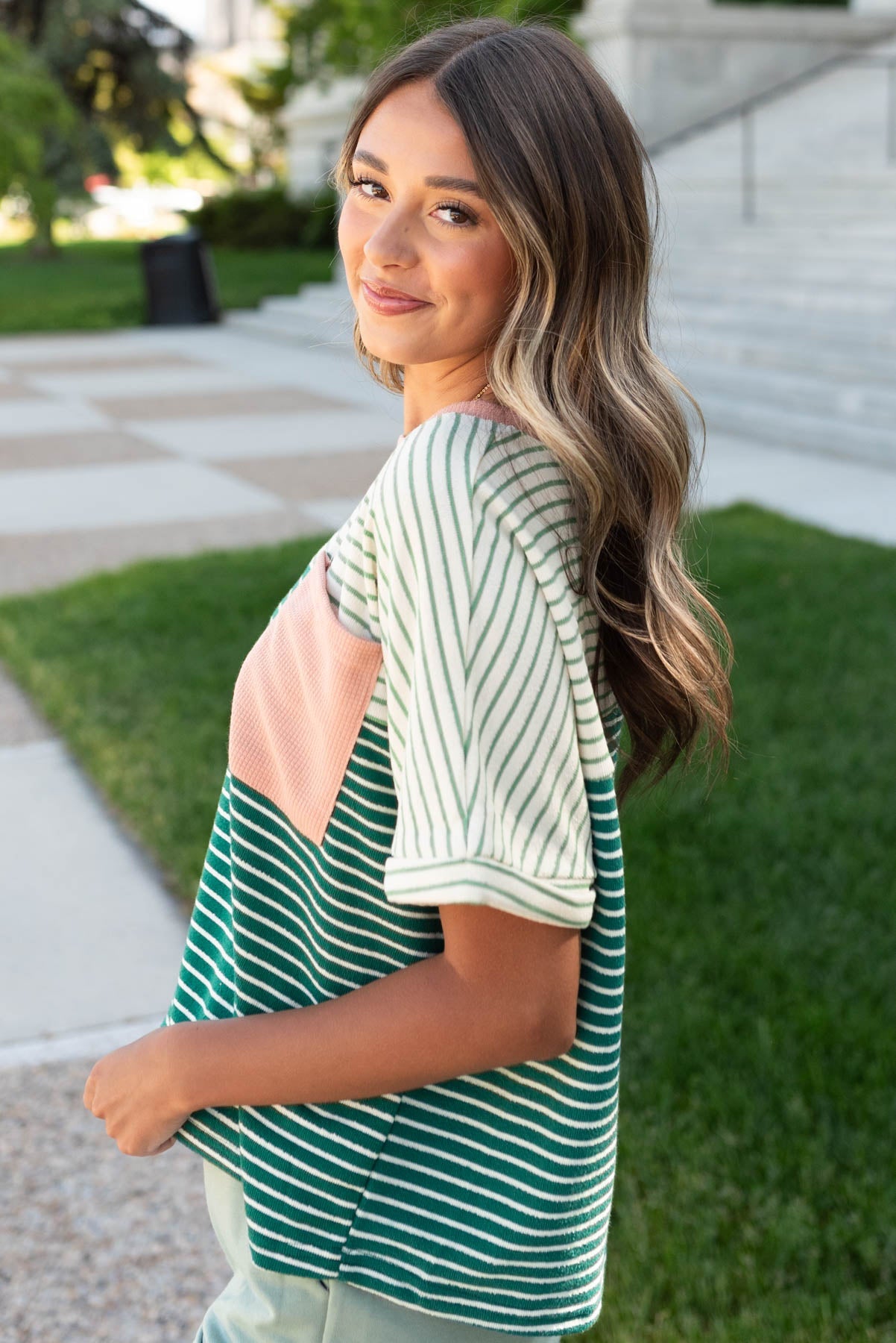 Brinley Green Stripe Pocket Top
