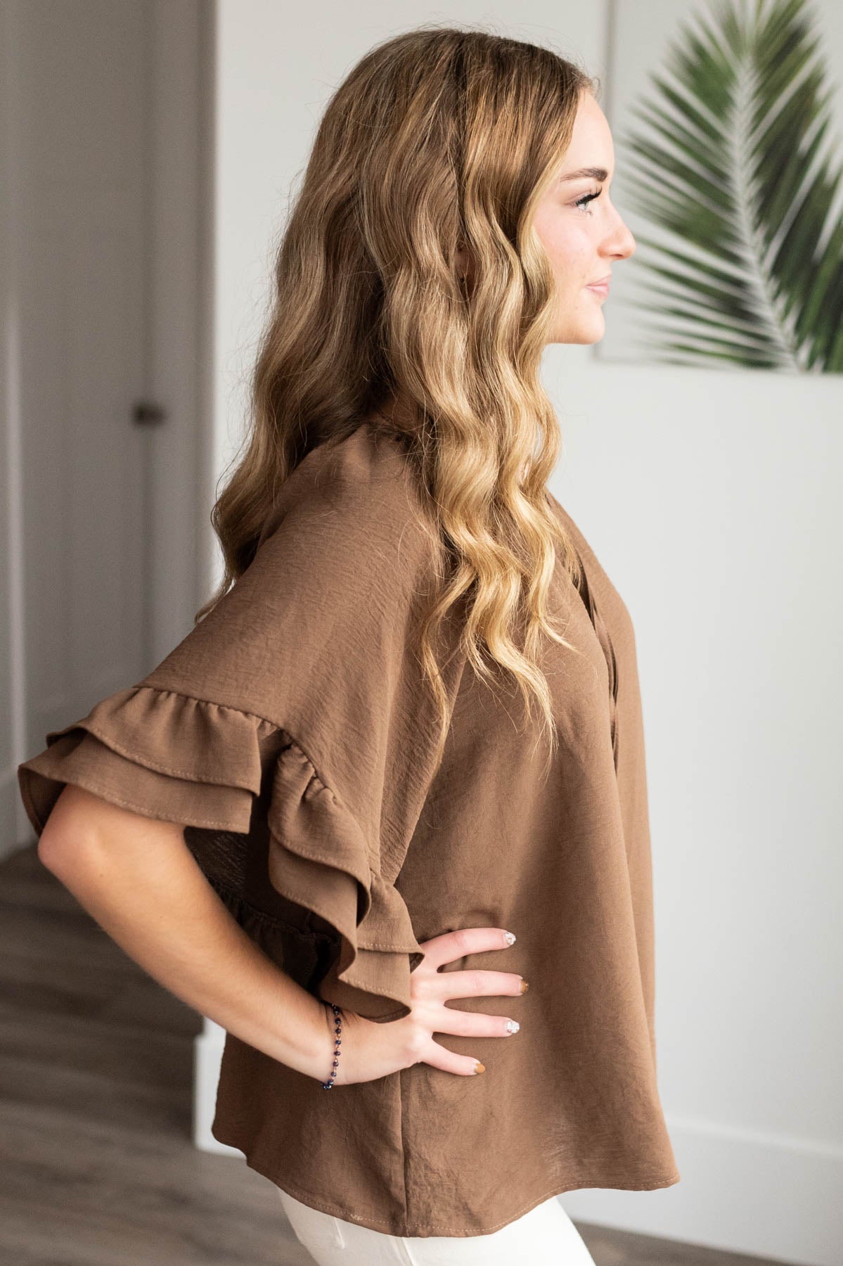 Britini Cocoa Ruffle Sleeve Blouse