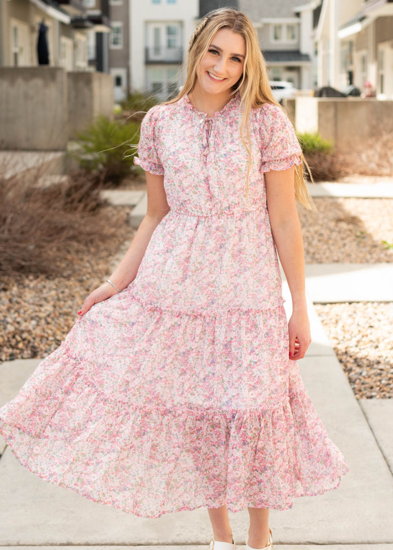 Brittan Pink Floral Tiered Dress