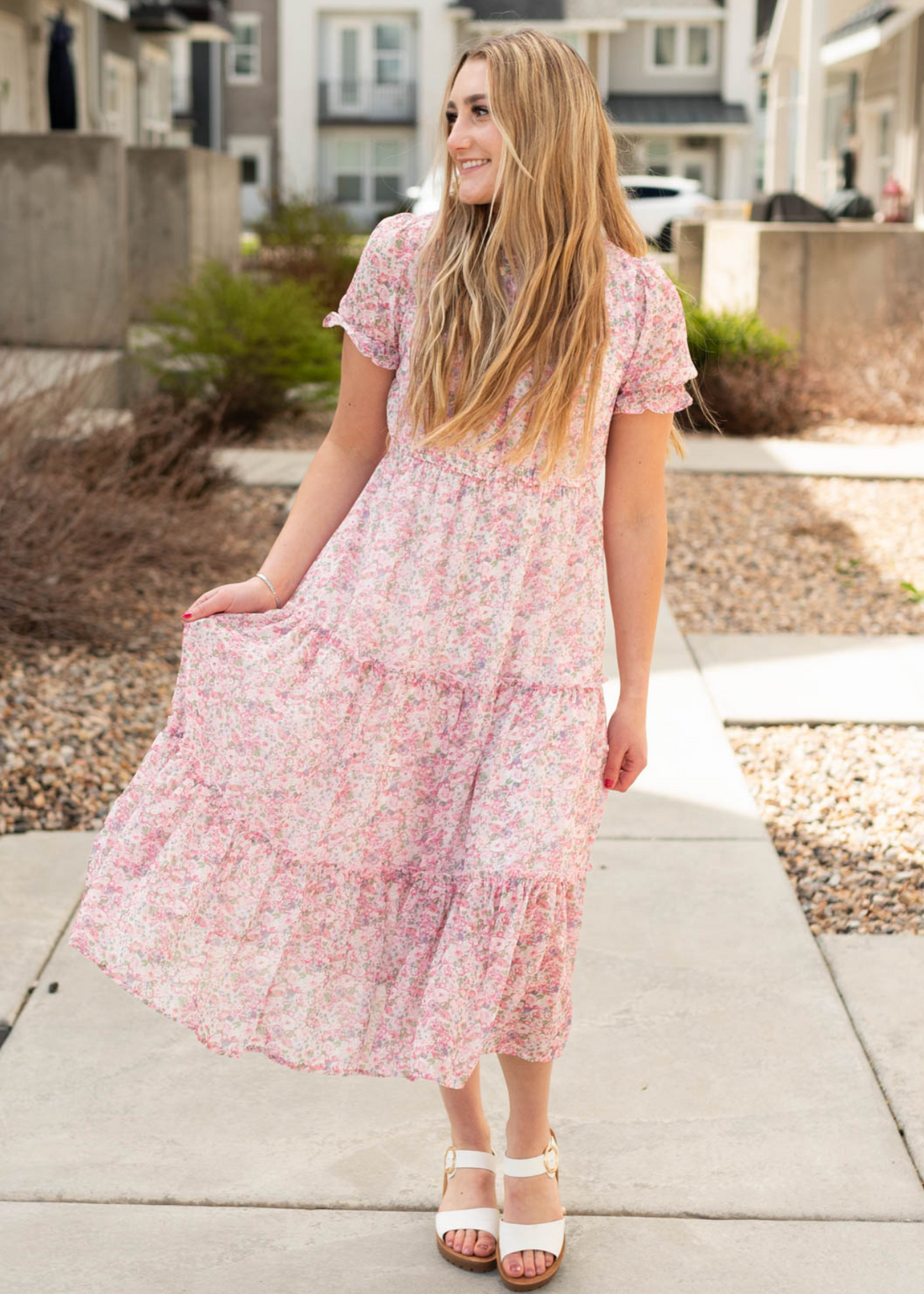 Brittan Pink Floral Tiered Dress