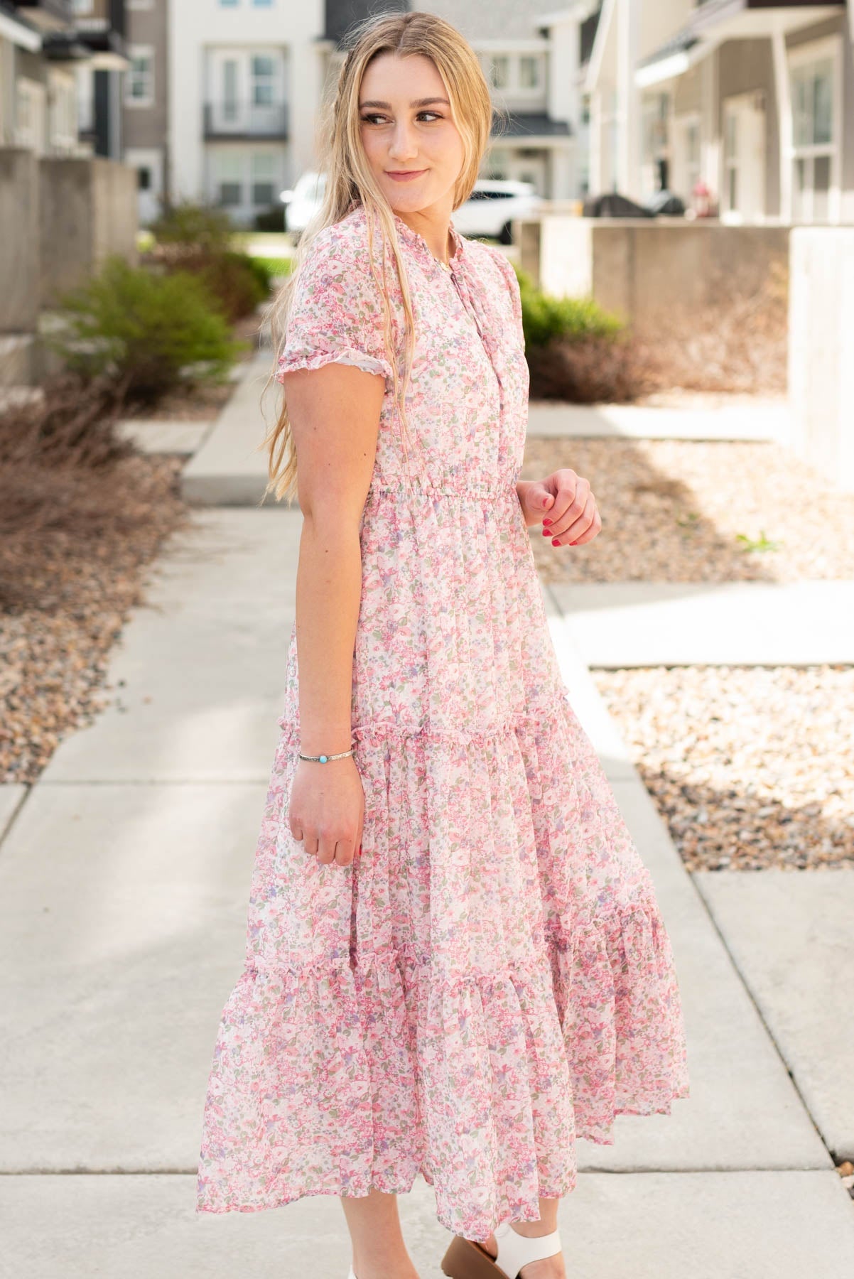 Brittan Pink Floral Tiered Dress