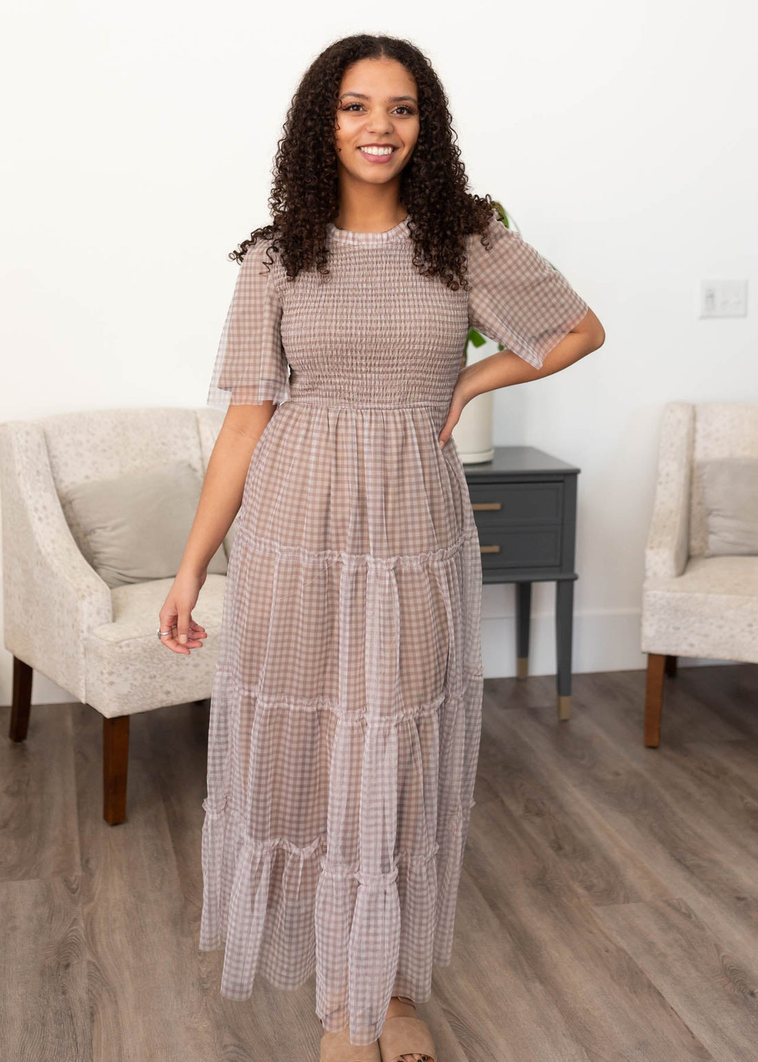 Catherine Light Mocha Gingham Dress