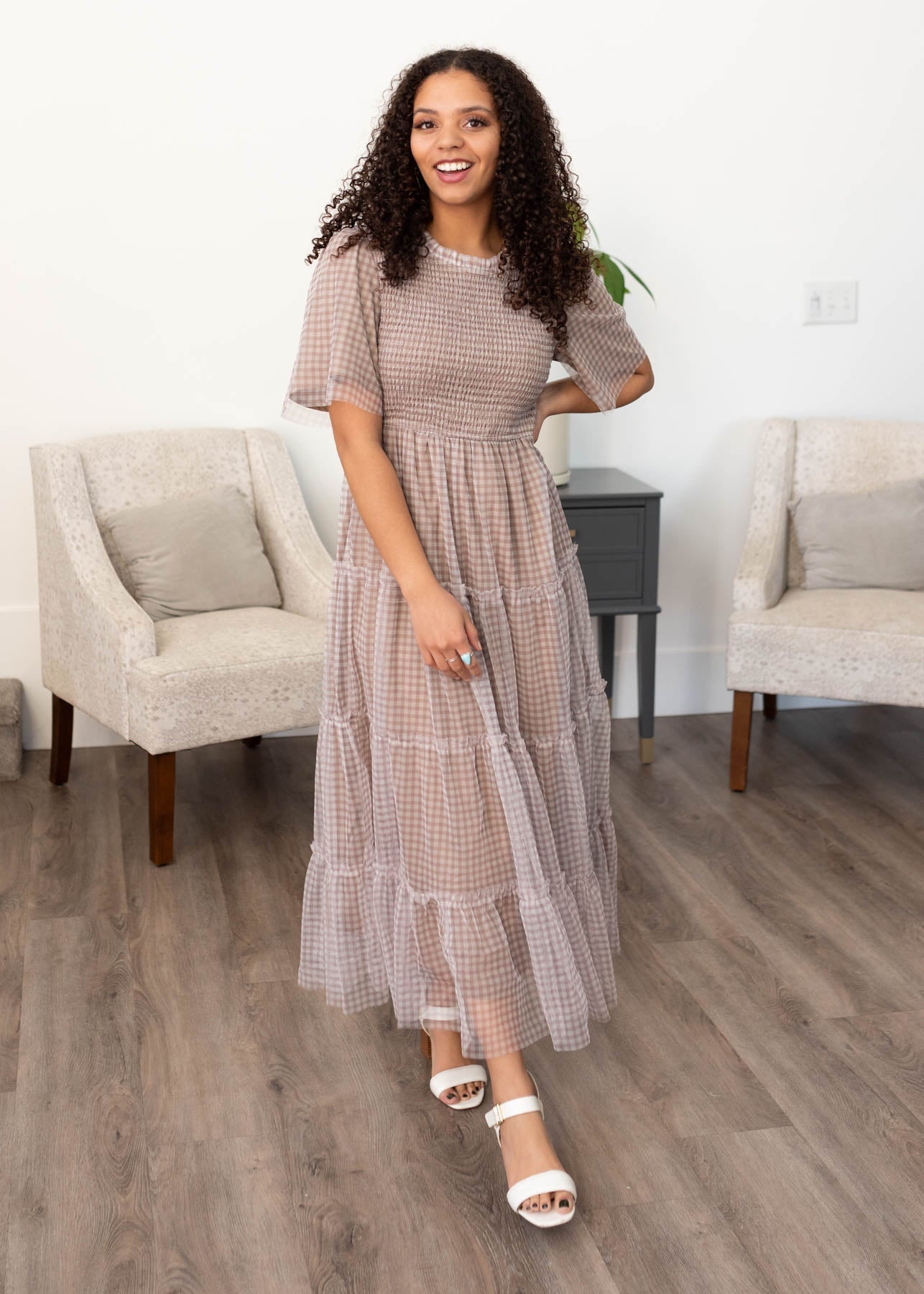Catherine Light Mocha Gingham Dress