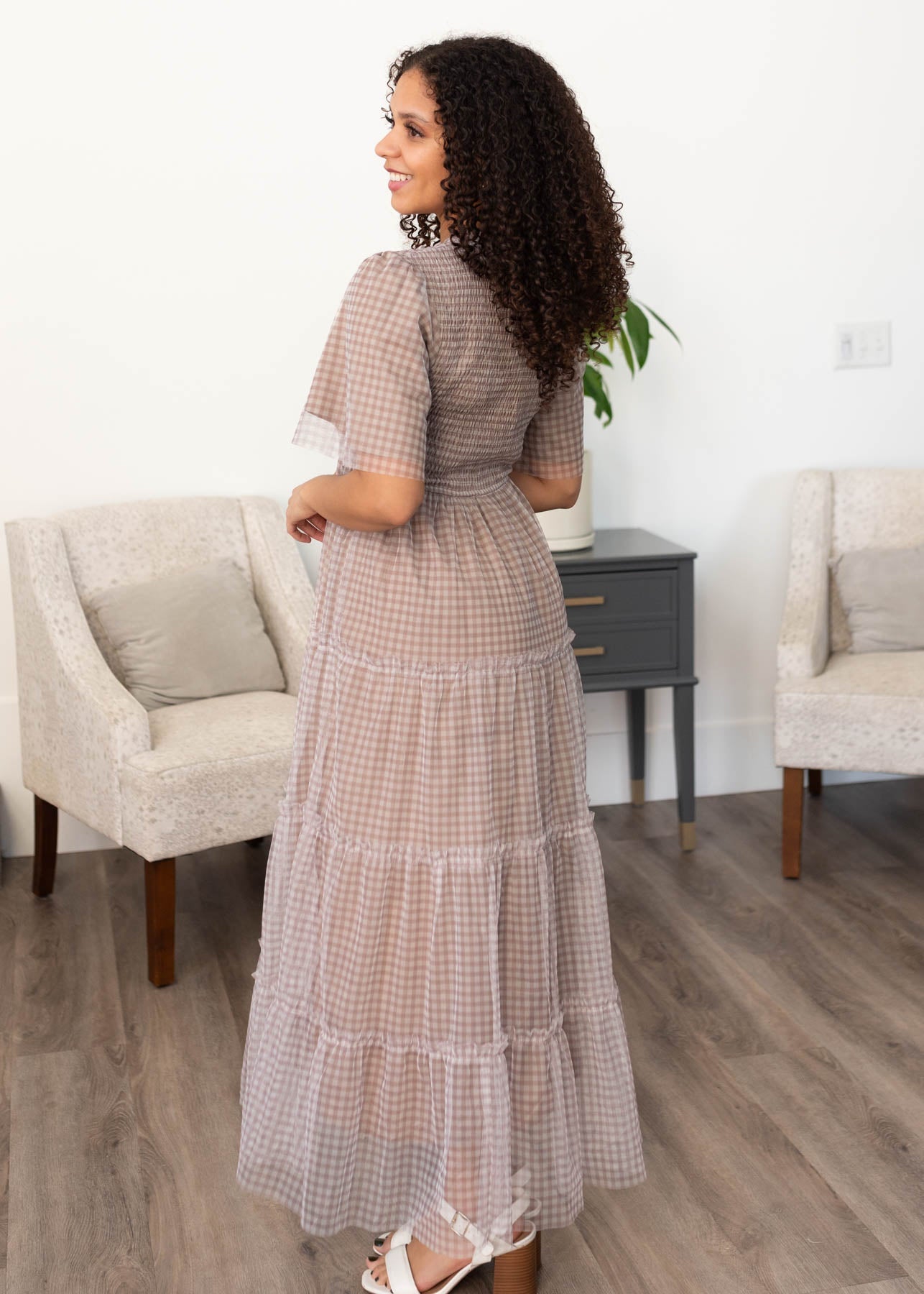 Catherine Light Mocha Gingham Dress
