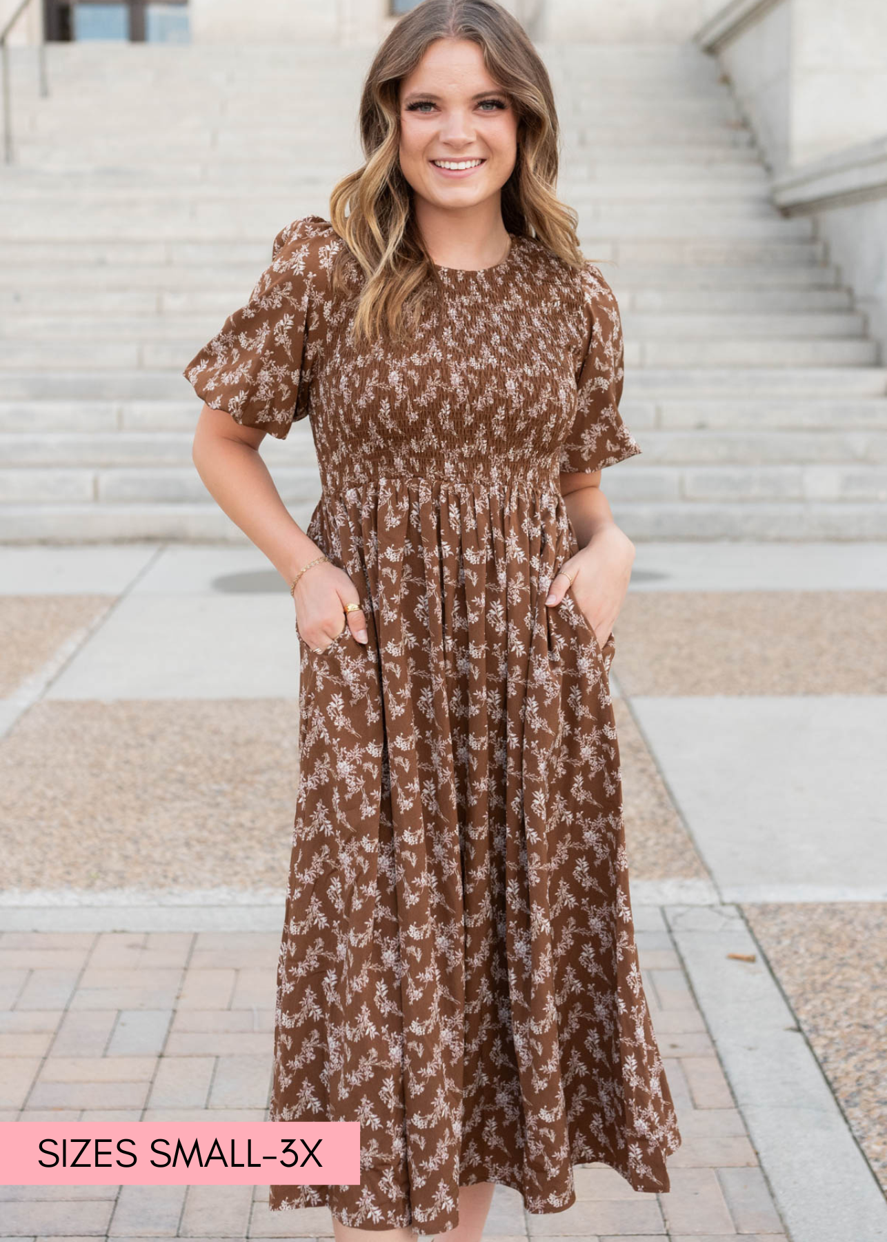 Chanelle Brown Floral Smocked Dress