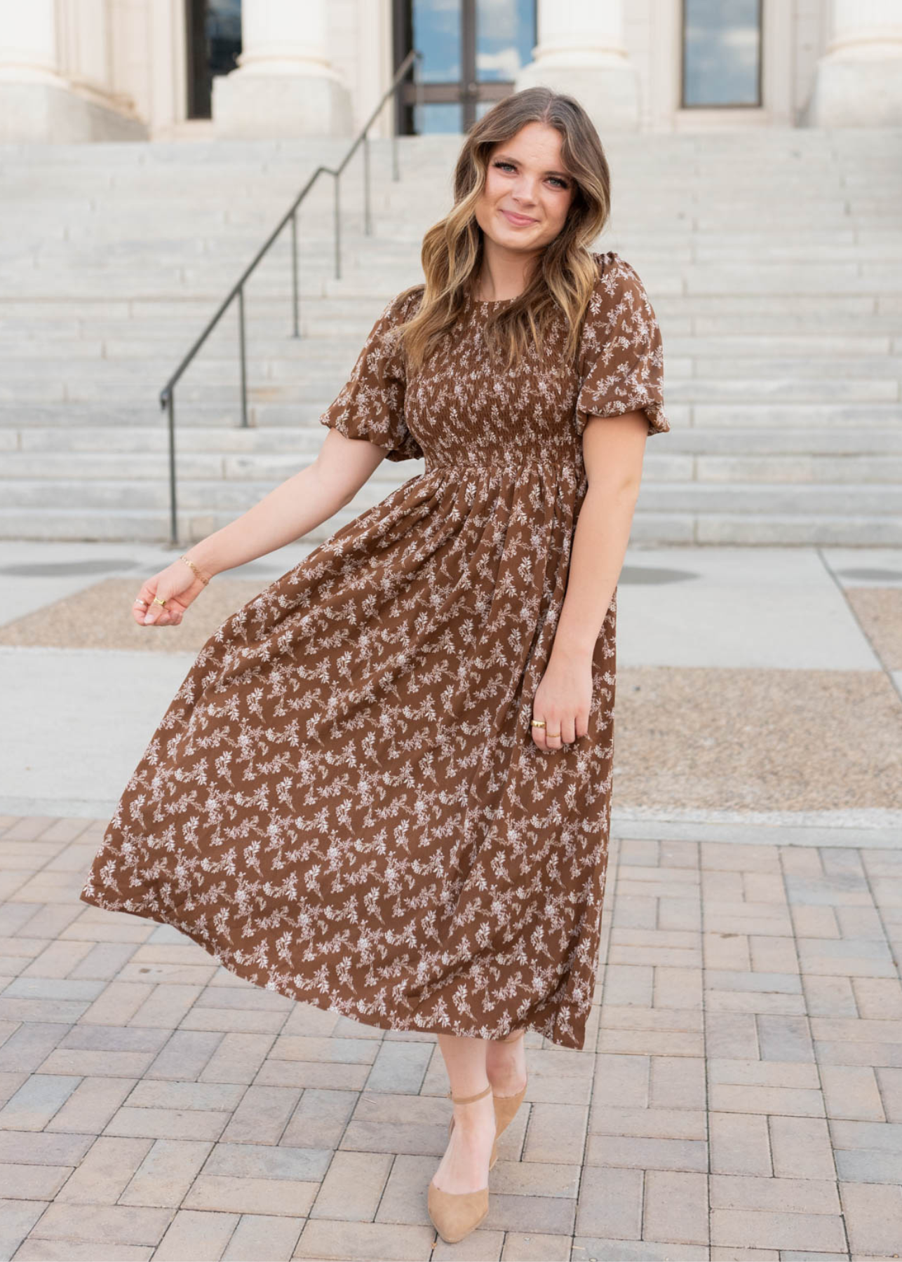 Chanelle Brown Floral Smocked Dress