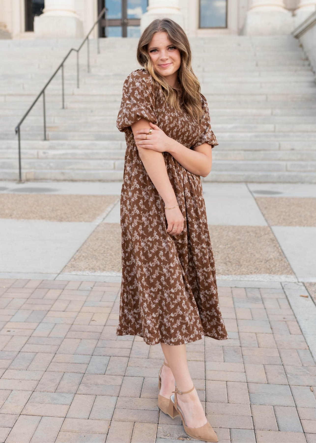 Chanelle Brown Floral Smocked Dress