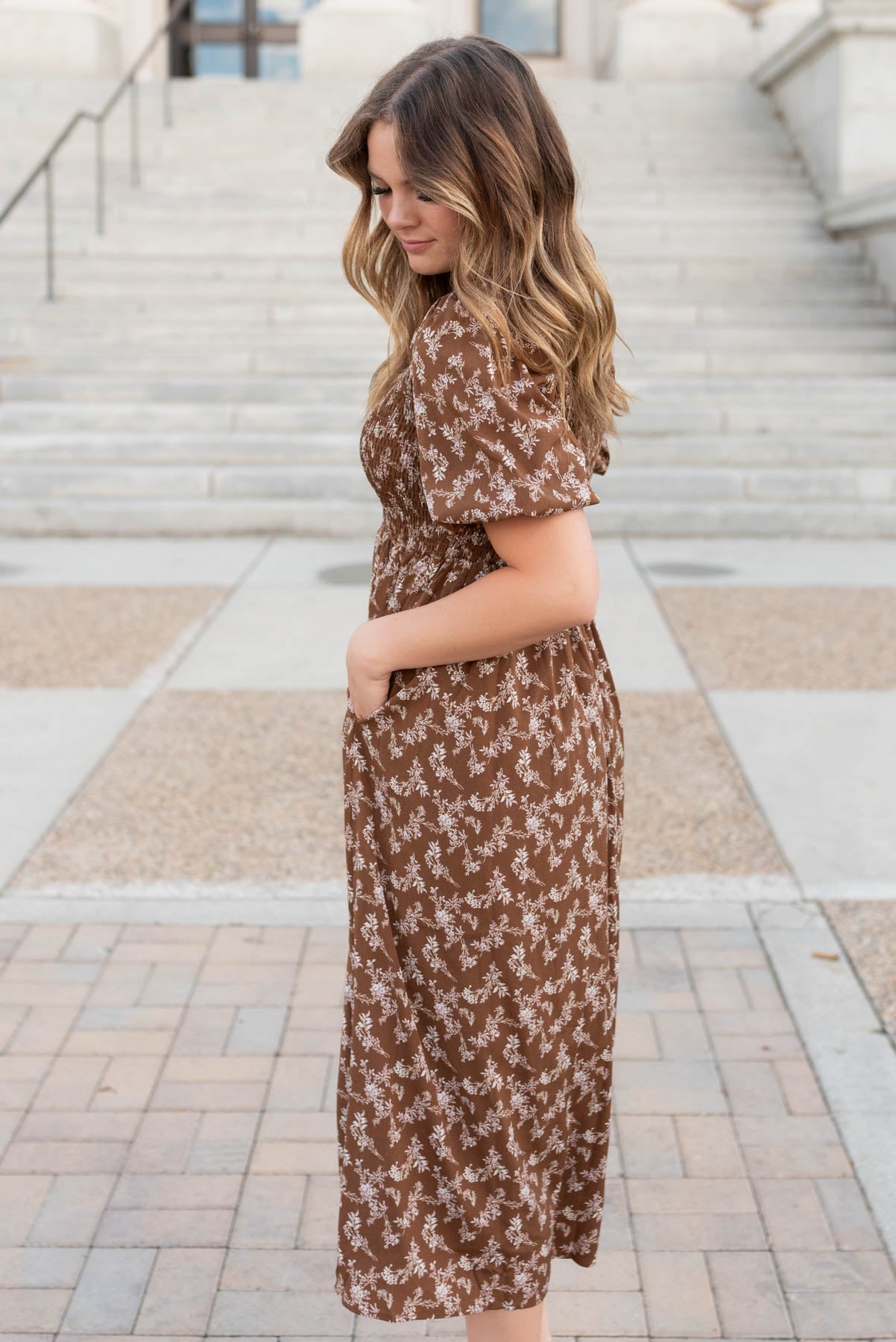 Chanelle Brown Floral Smocked Dress