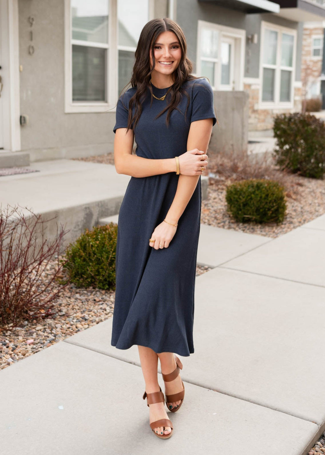 Chantel Navy Ribbed T-Shirt Dress