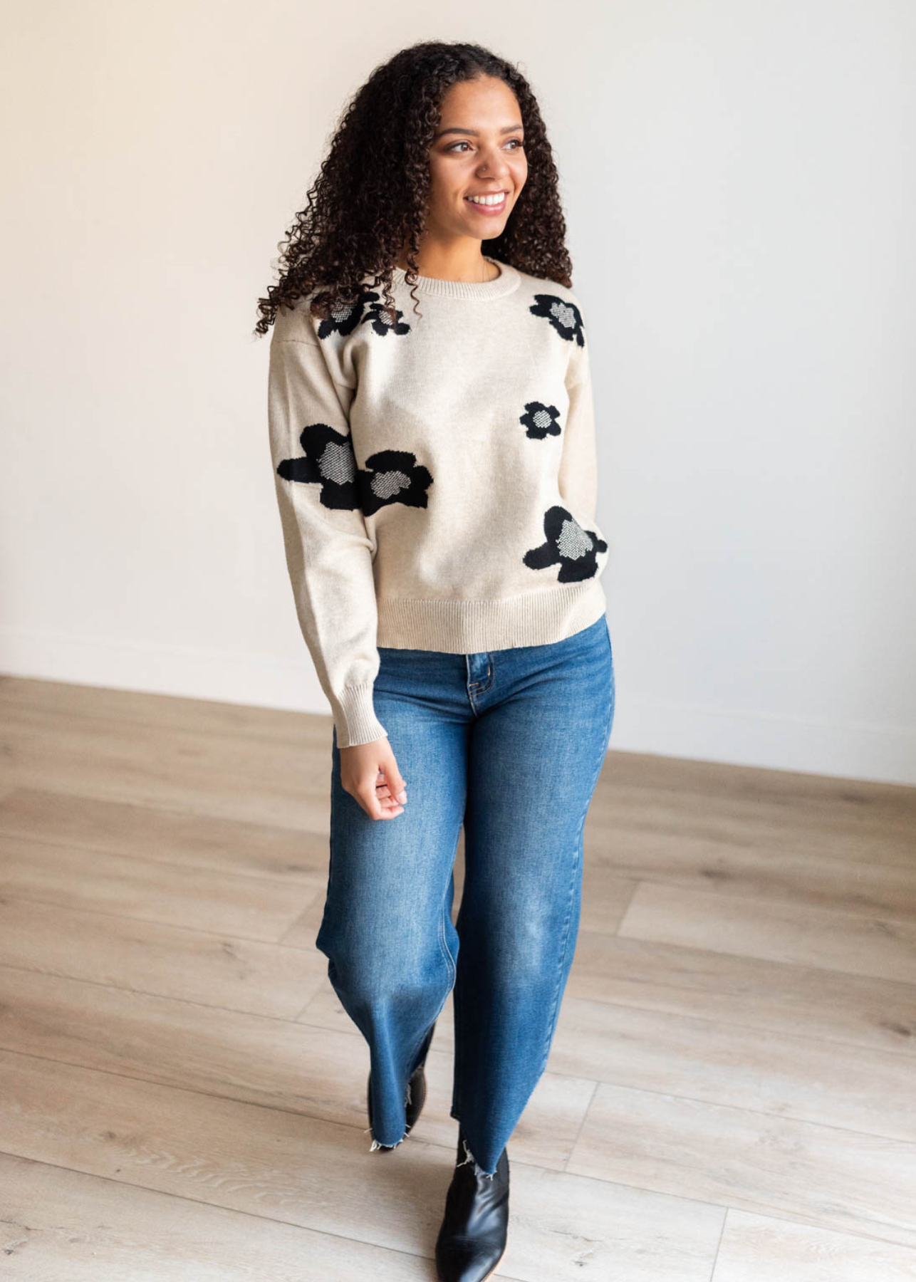 Charnelle Khaki Black Floral Sweater