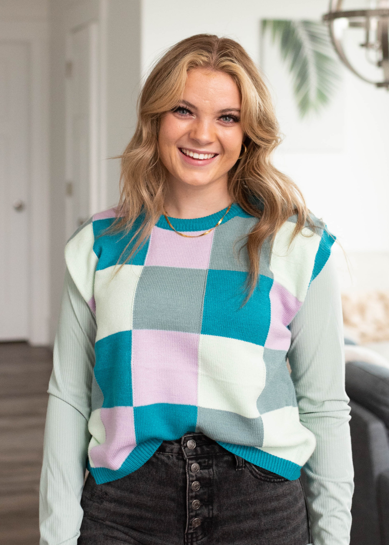 Chesnie Teal Checkered Sweater Vest