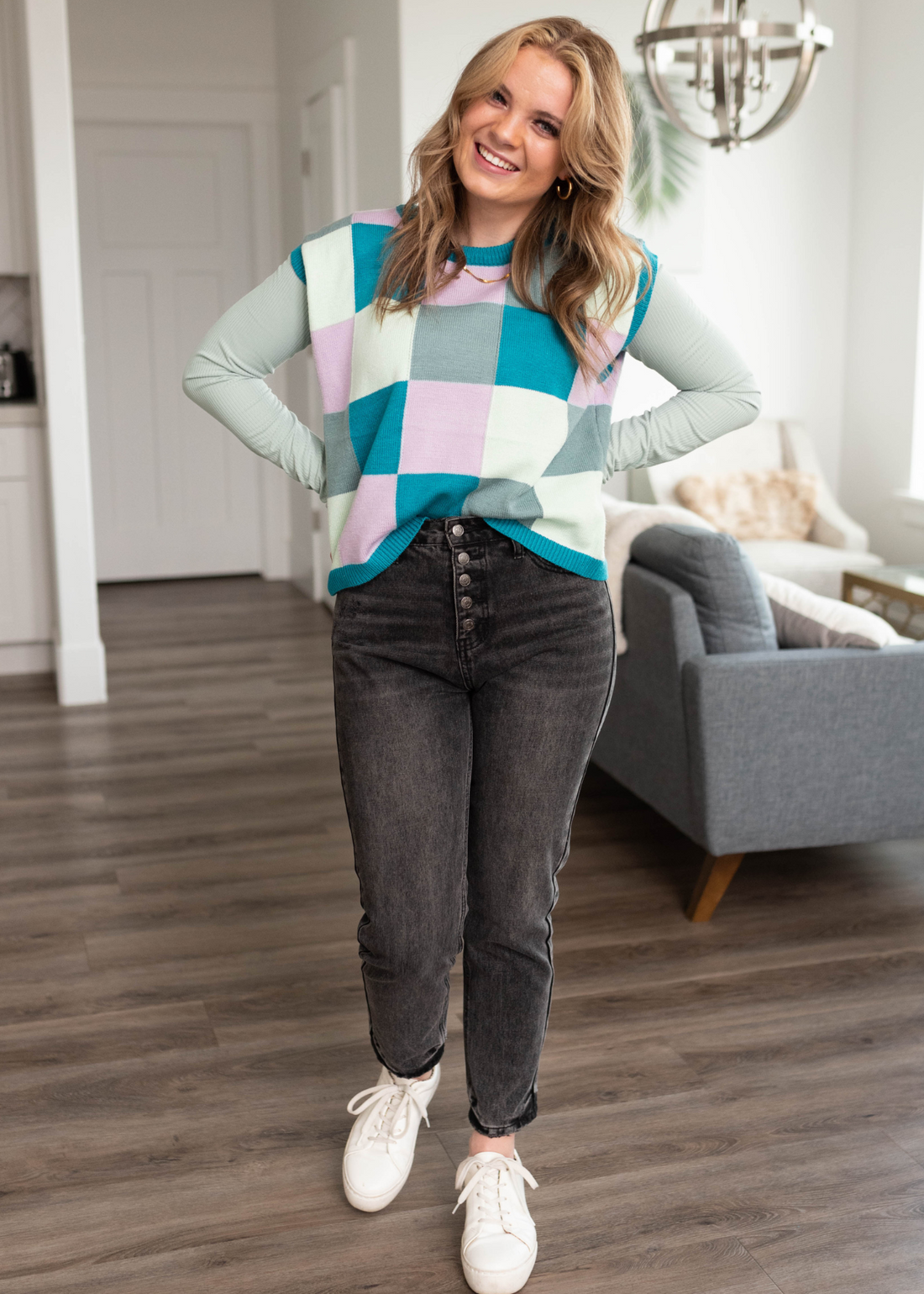 Chesnie Teal Checkered Sweater Vest