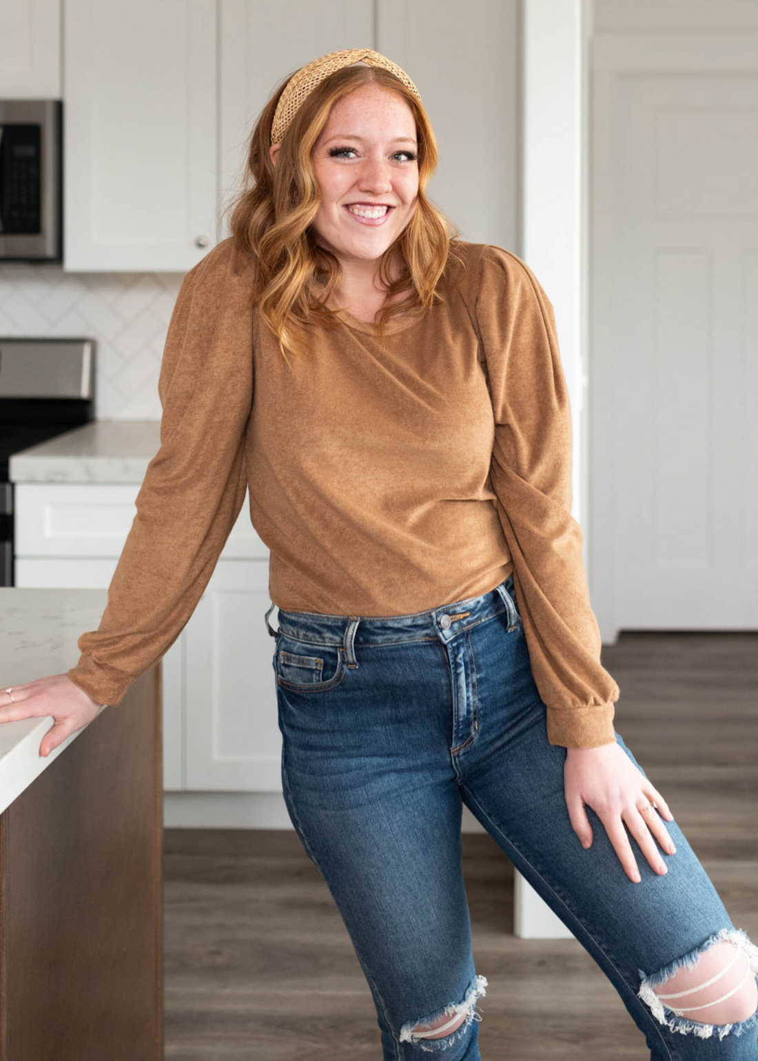 Cheyenne Camel Puff Sleeve Top