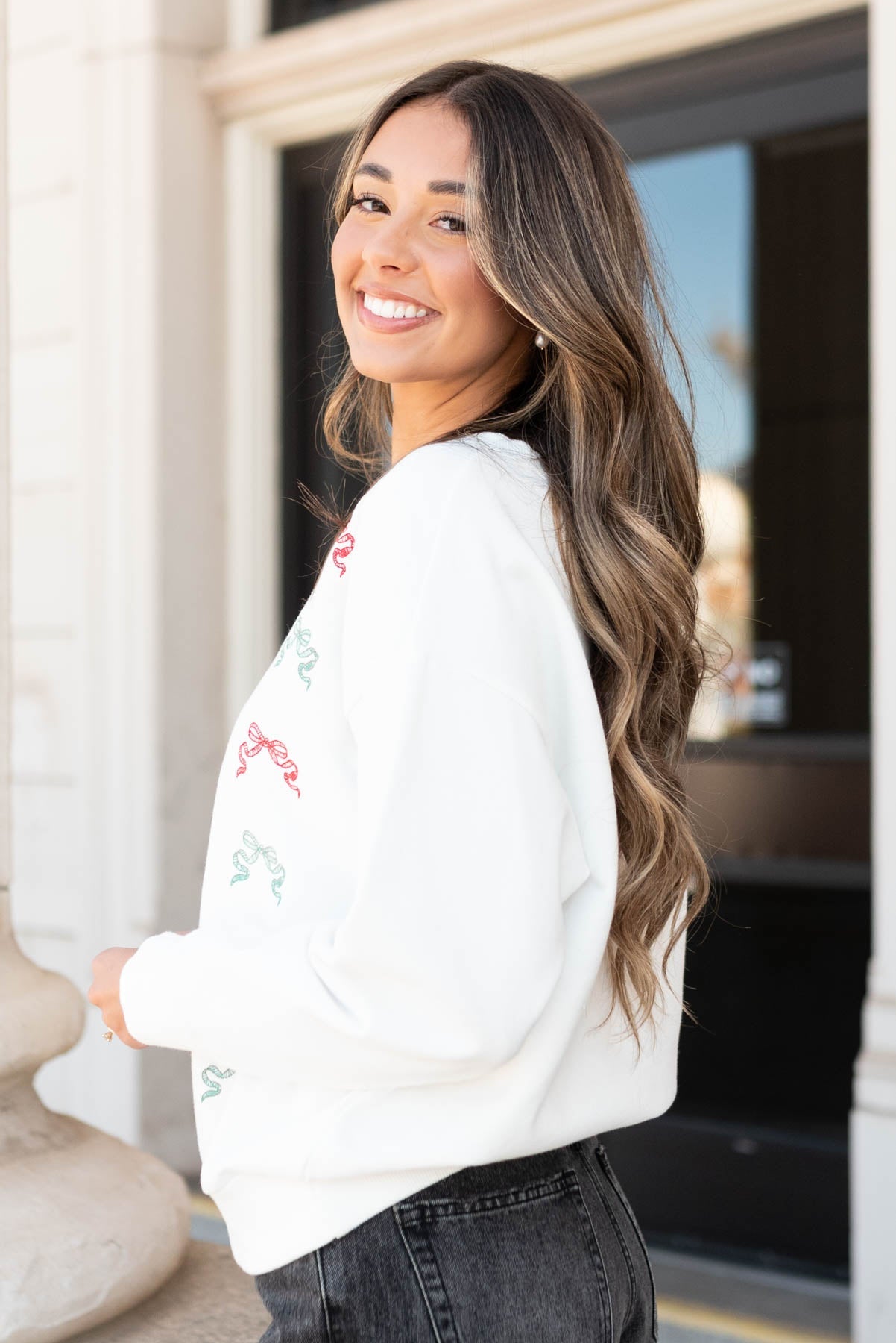 Christyn White Christmas Bow Sweater