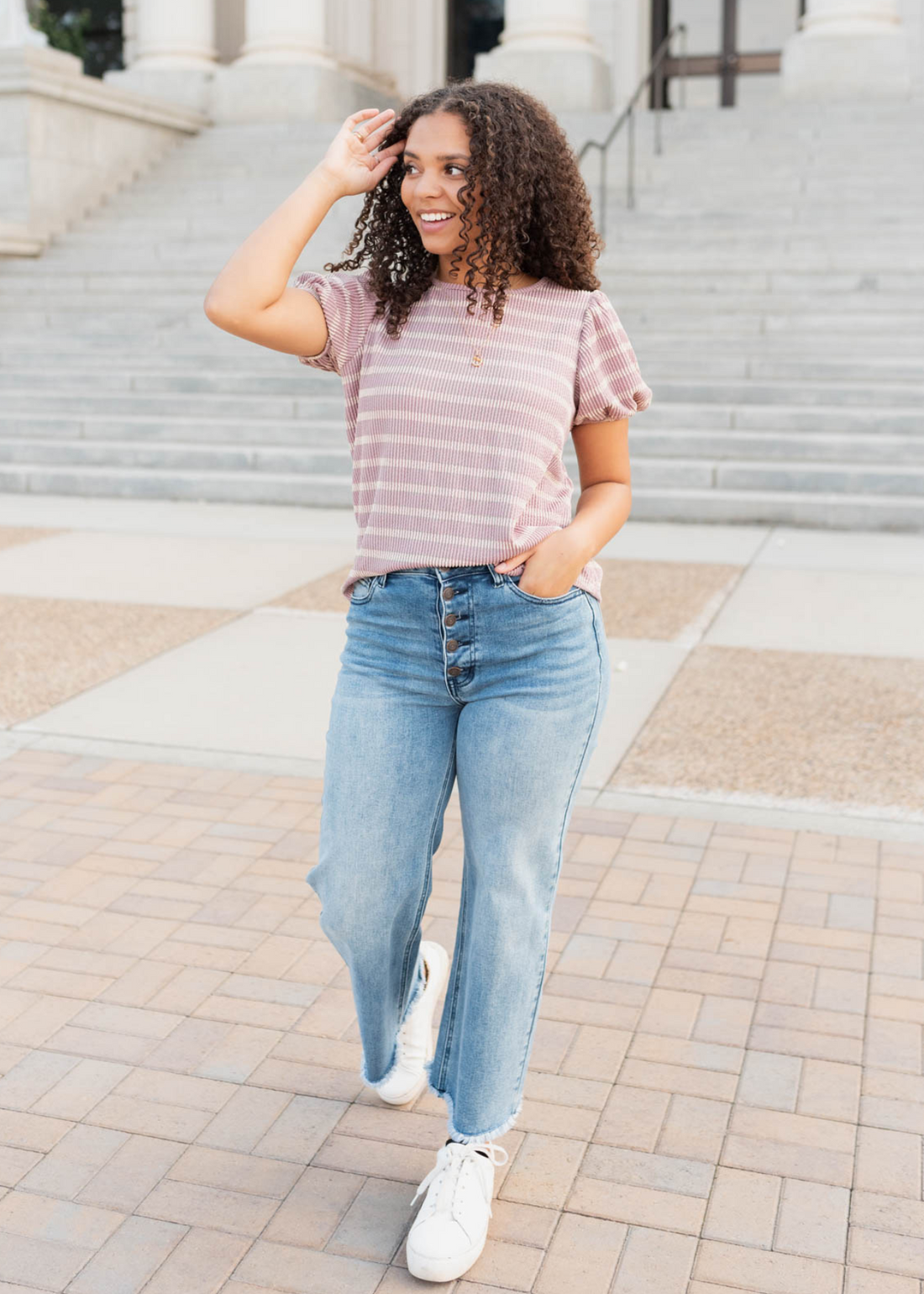 Claire Pink Stripe Ribbed Top