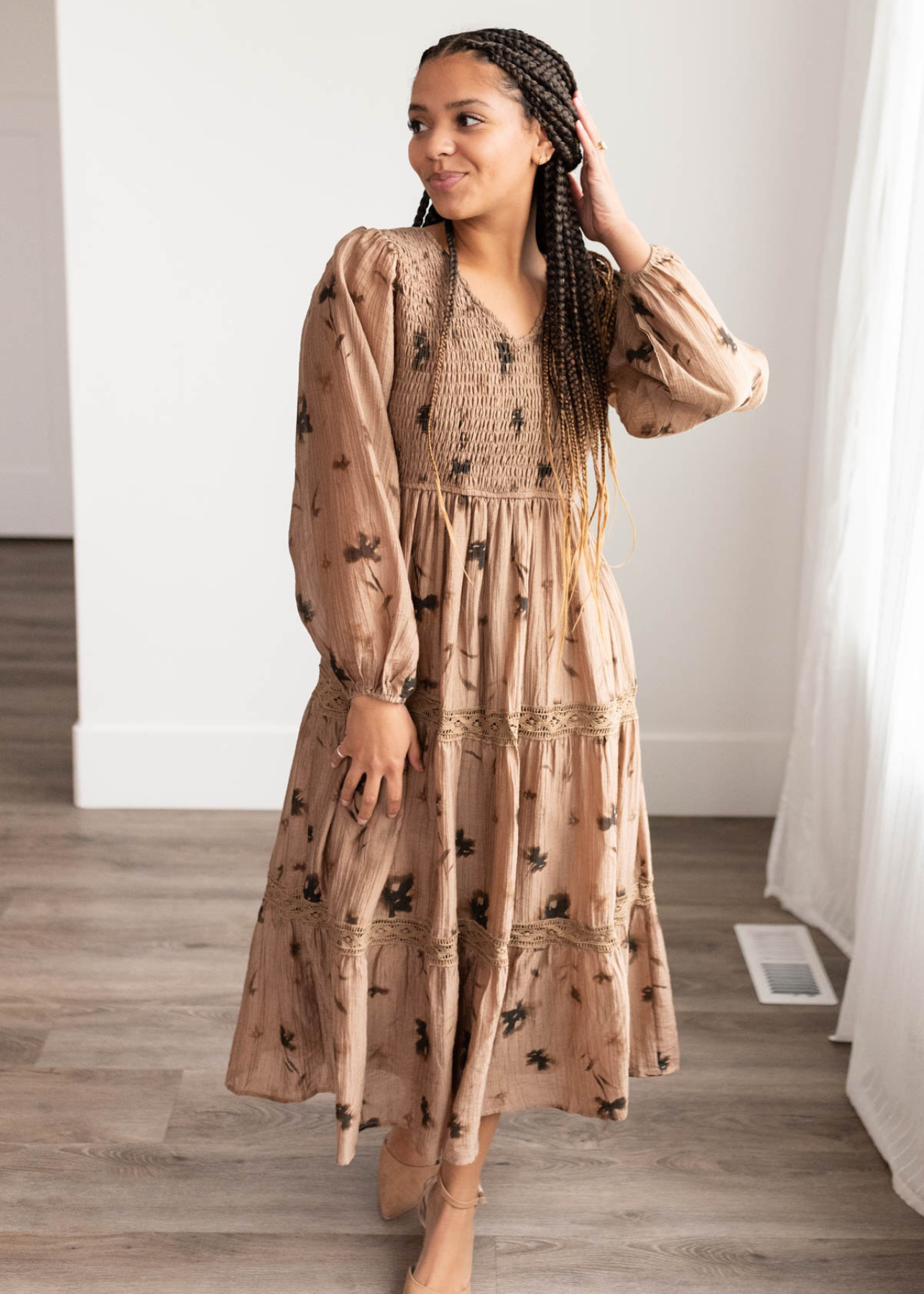 Constance Mocha Floral Tiered Dress