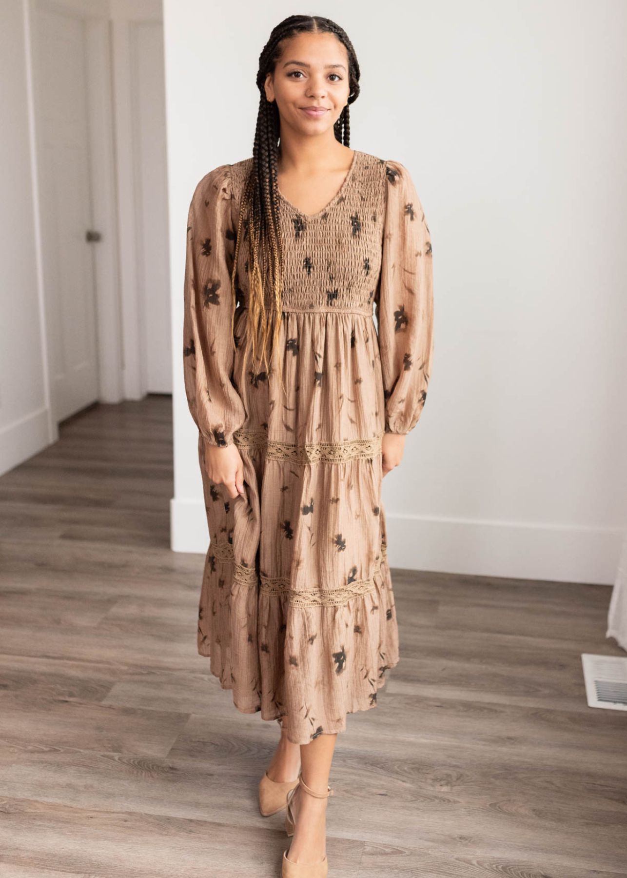Constance Mocha Floral Tiered Dress