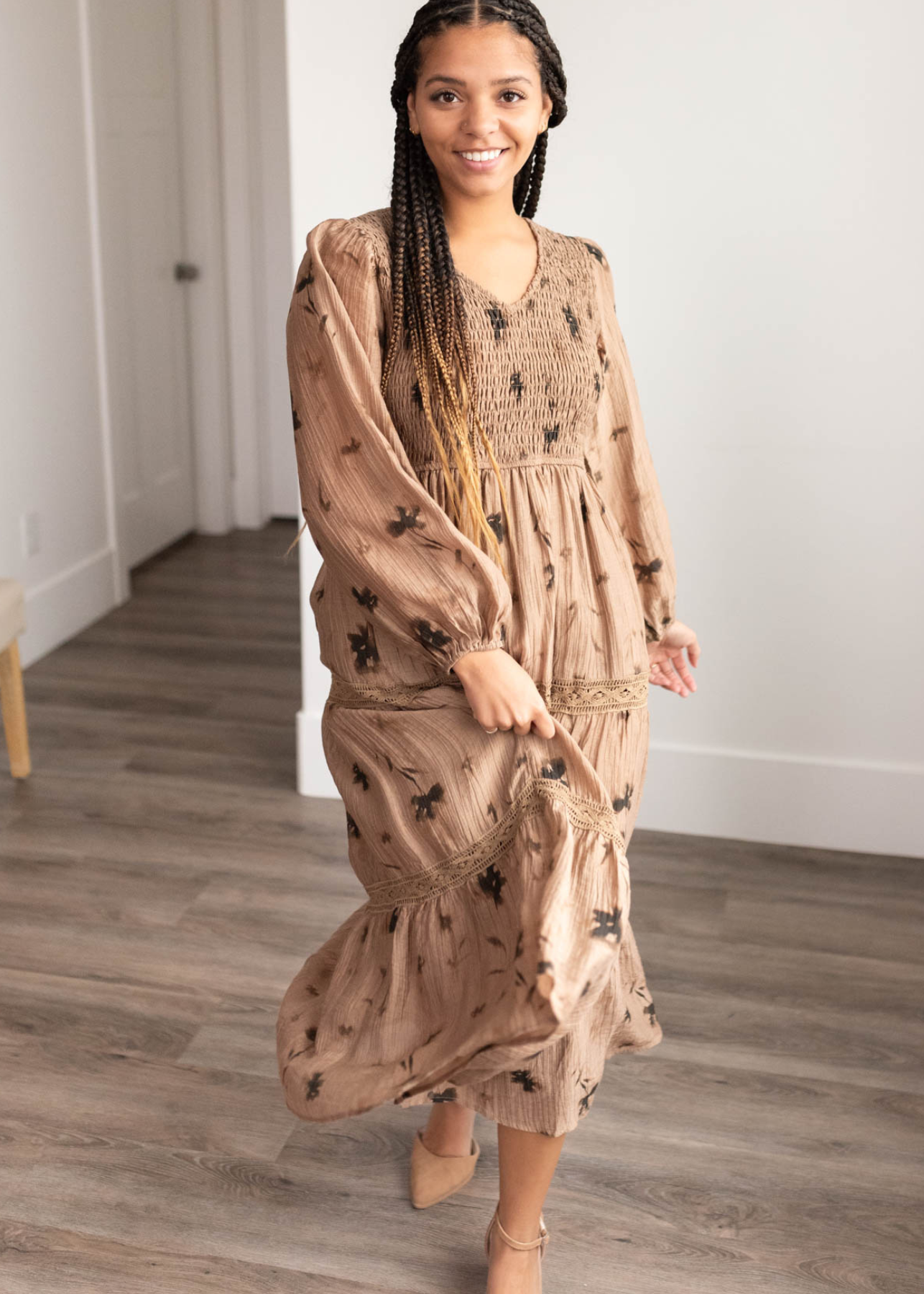 Constance Mocha Floral Tiered Dress