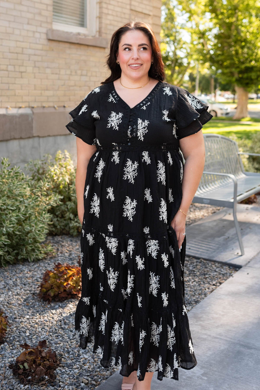 Mckenna Black Embroidered Tiered Dress