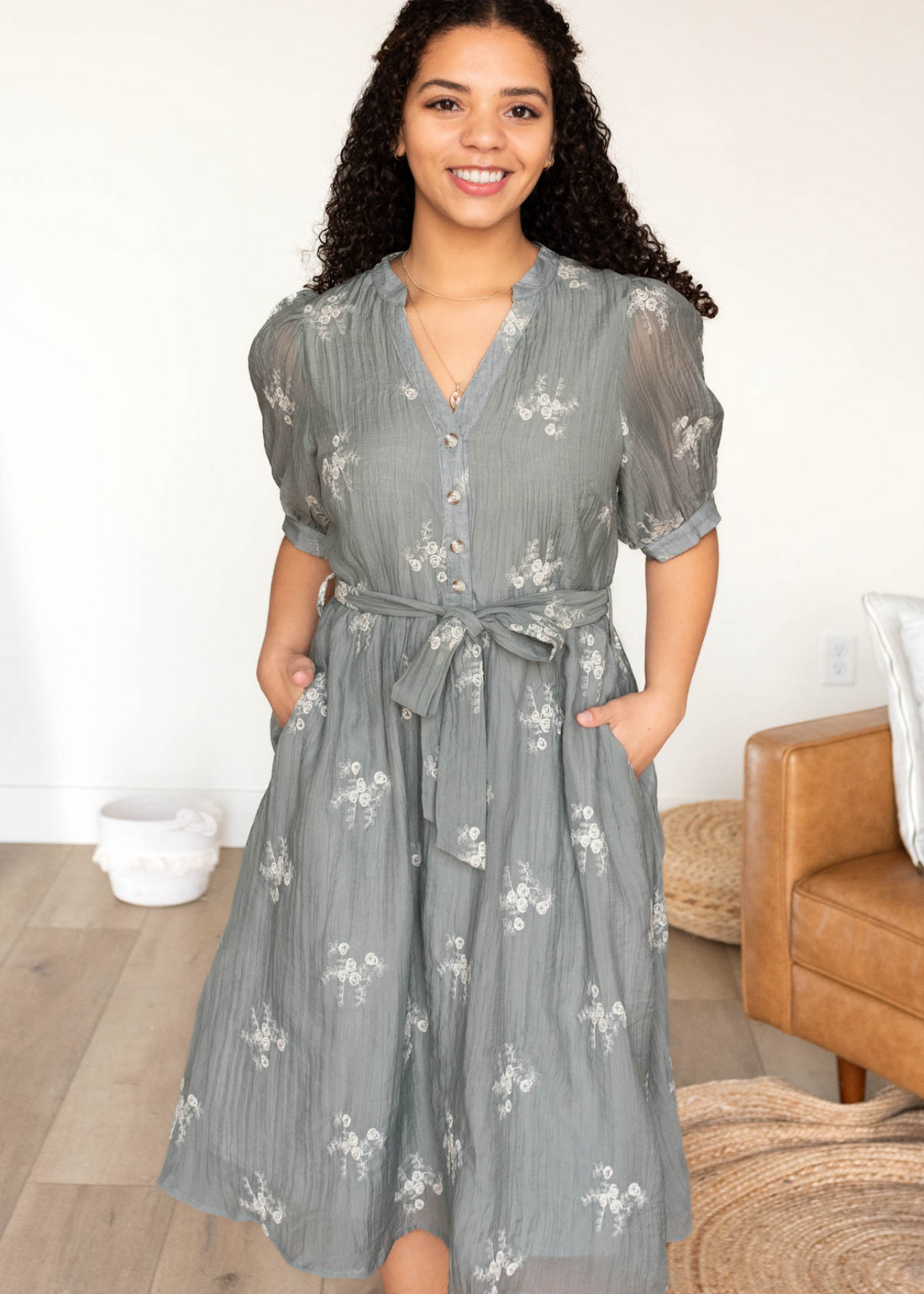 Dalacie Dusty Sage Embroidered Dress