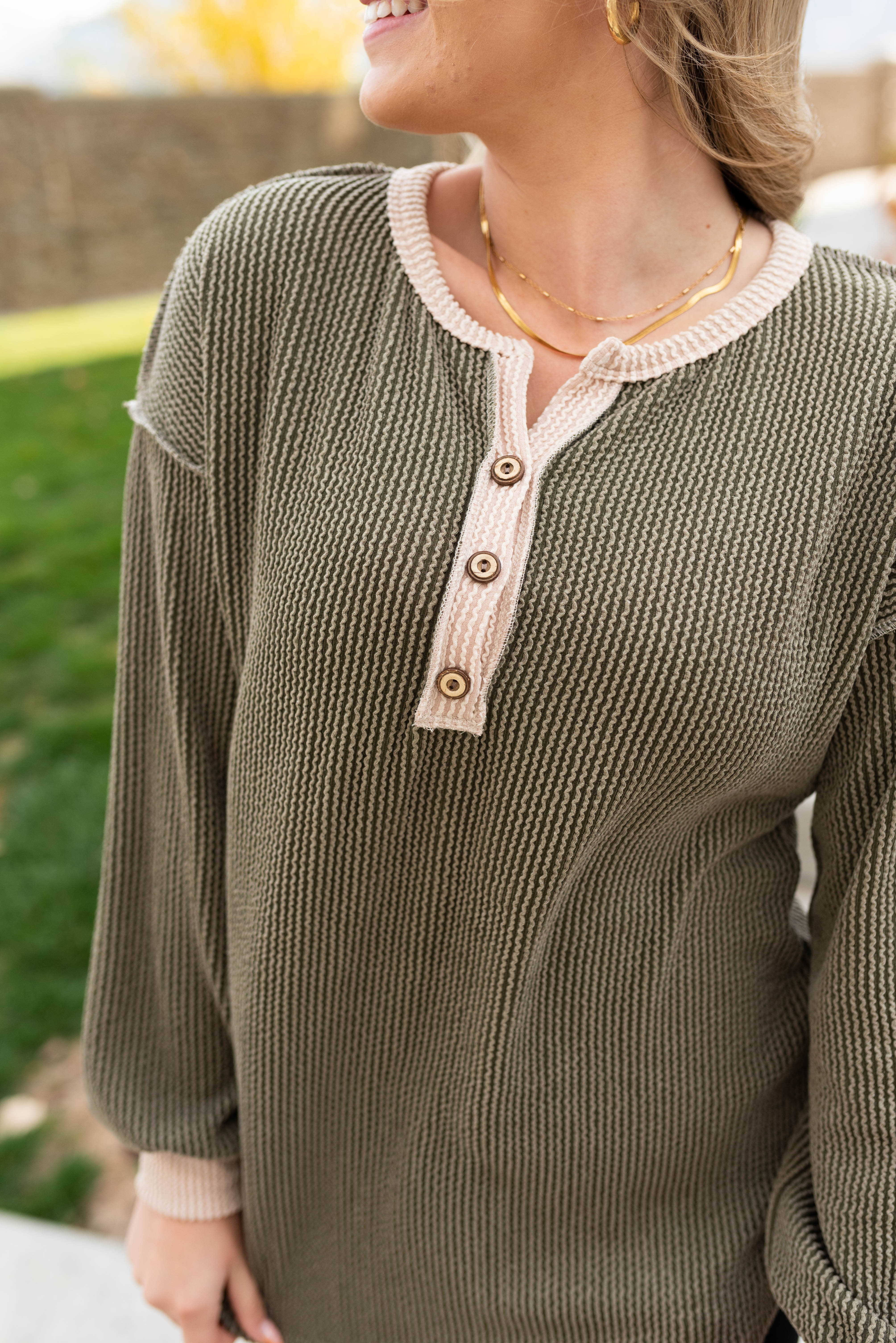Darla Olive Rib Button Top