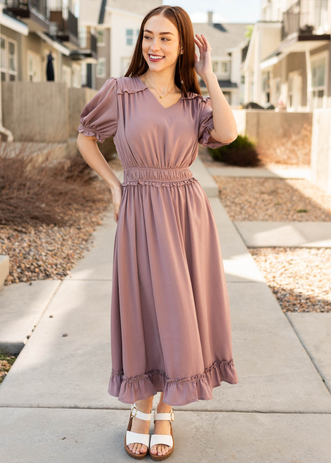 Elana Dusty Lavender Ruffle Dress