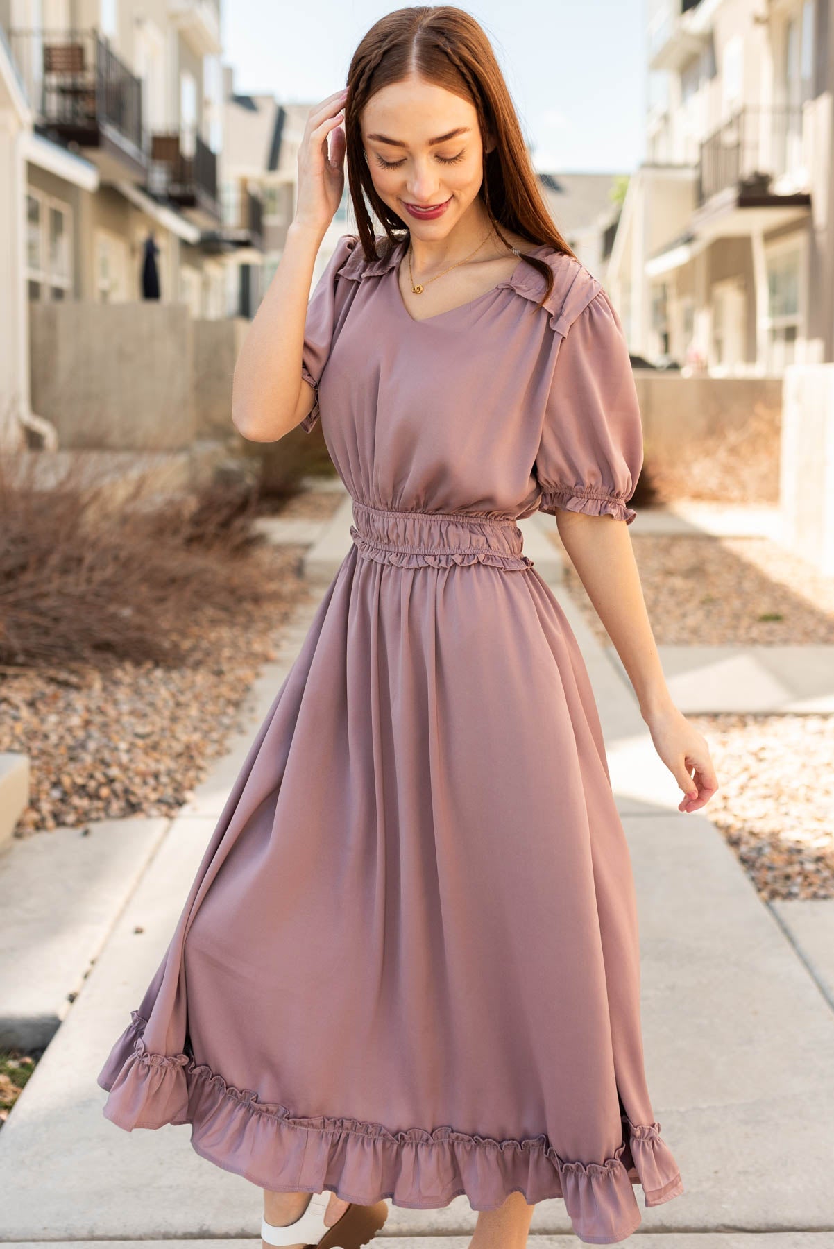 Elana Dusty Lavender Ruffle Dress