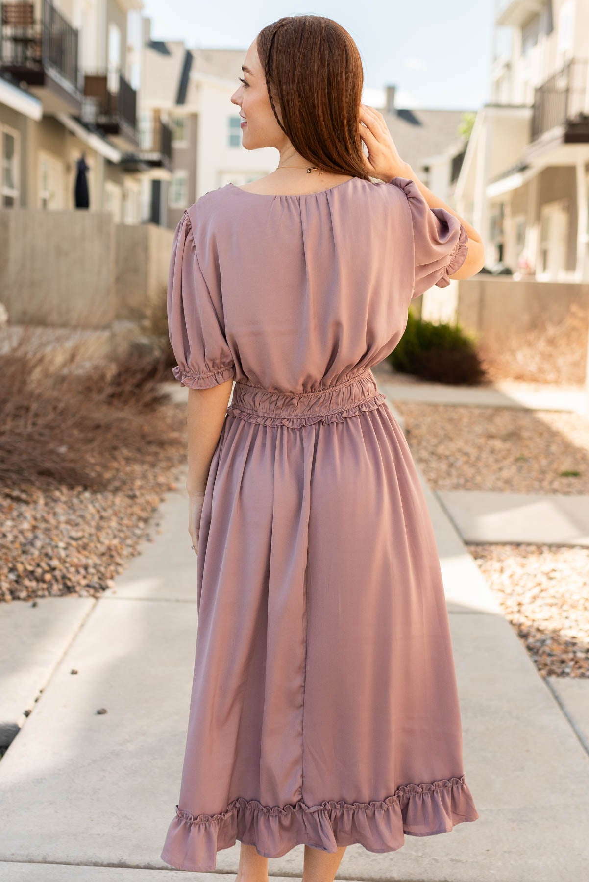 Elana Dusty Lavender Ruffle Dress