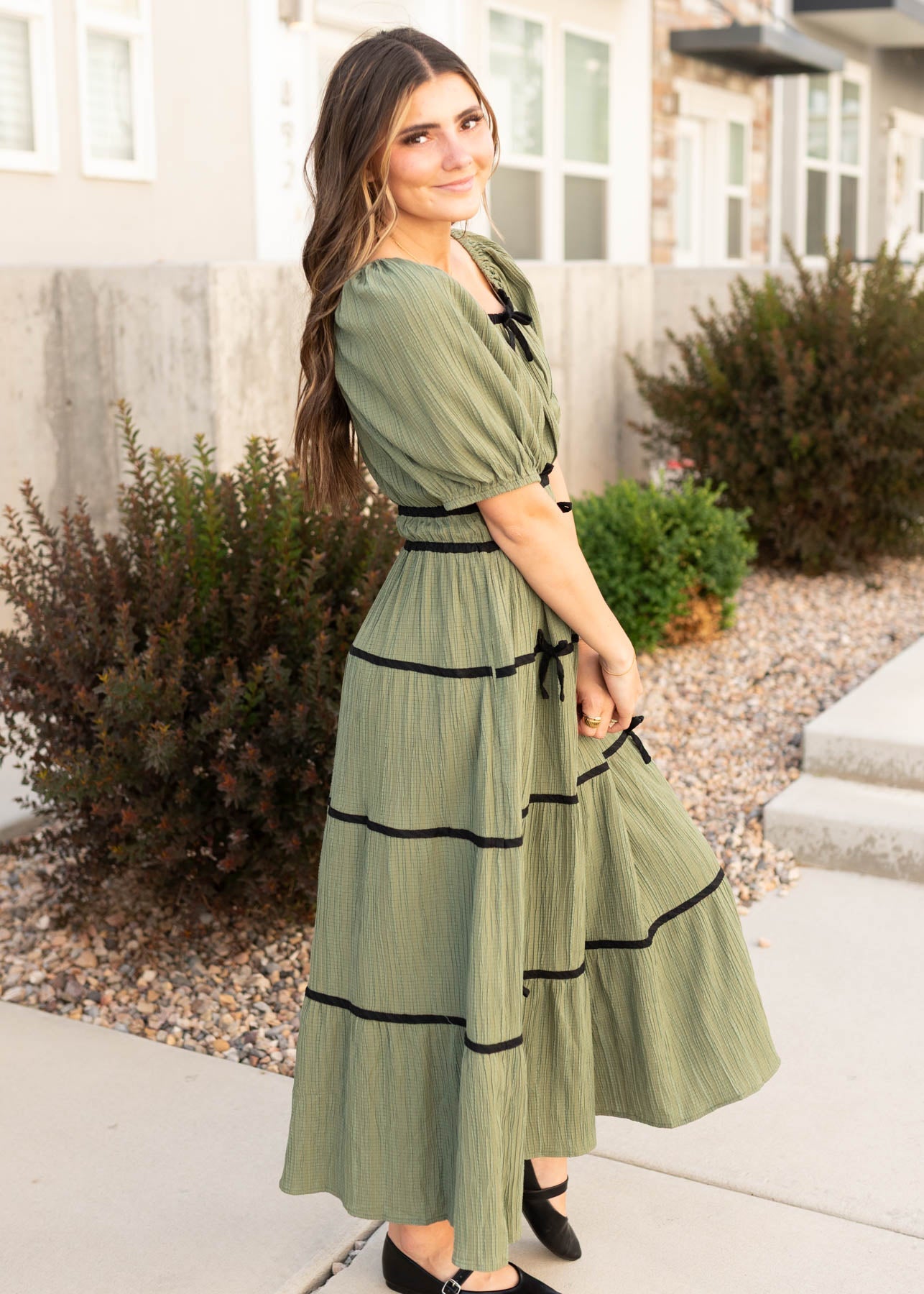 Elina Olive Tiered Dress
