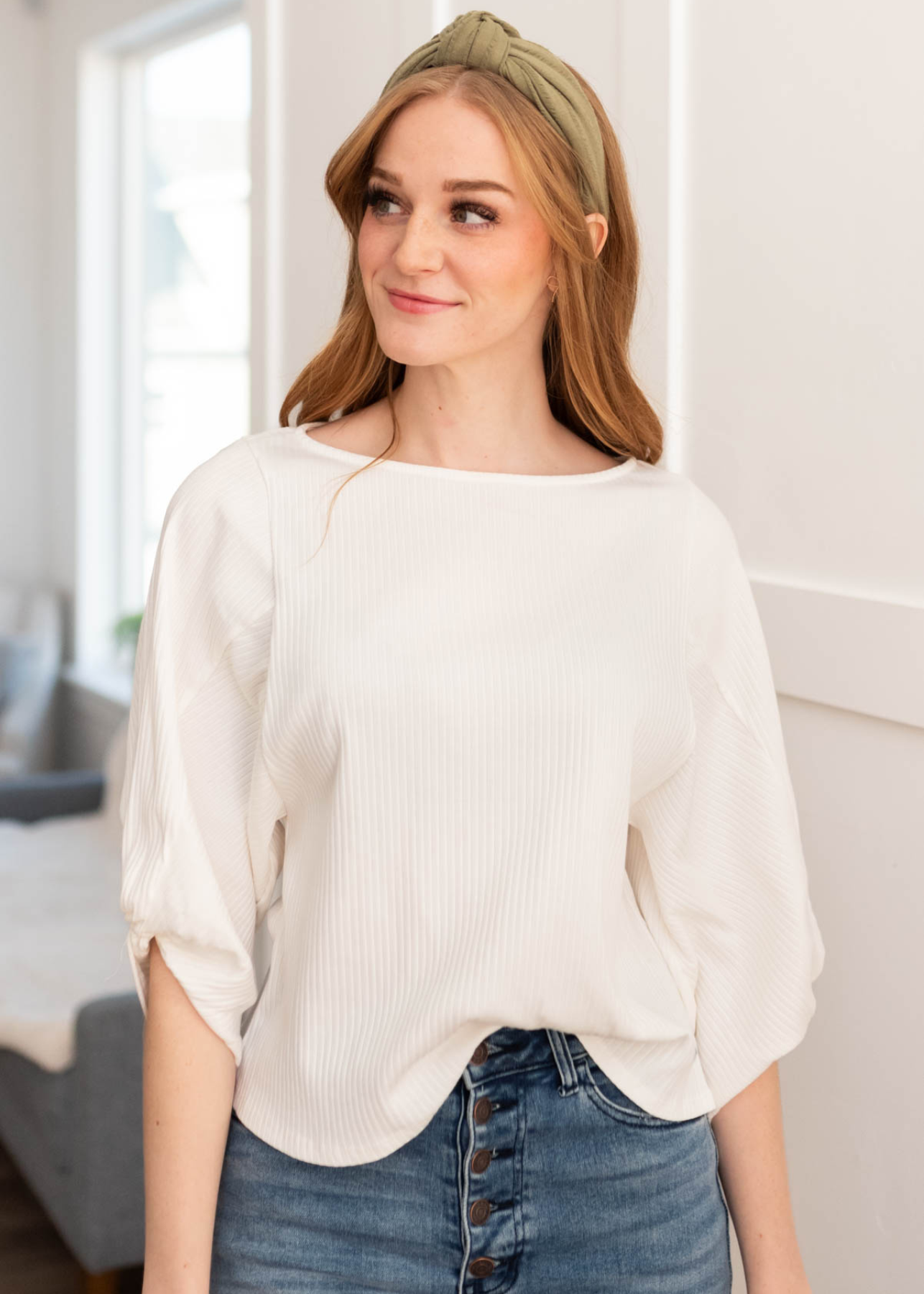 Ella White Twist Sleeve Top