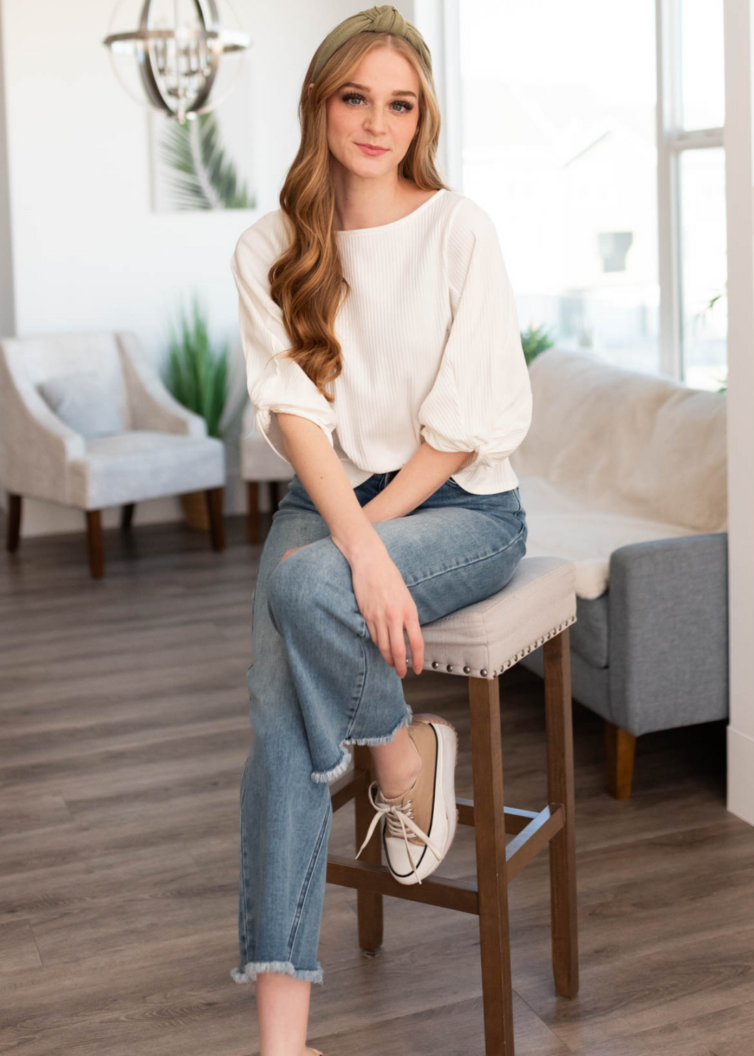 Ella White Twist Sleeve Top