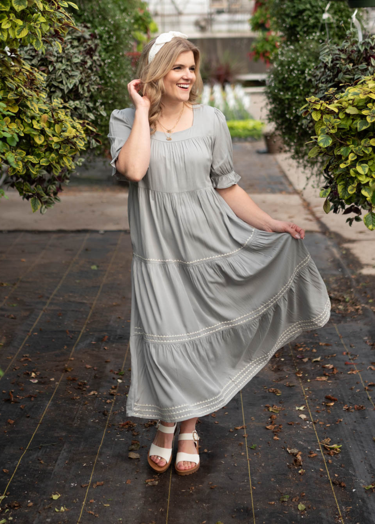 Ellia Cool Jade Embroidered Tiered Dress