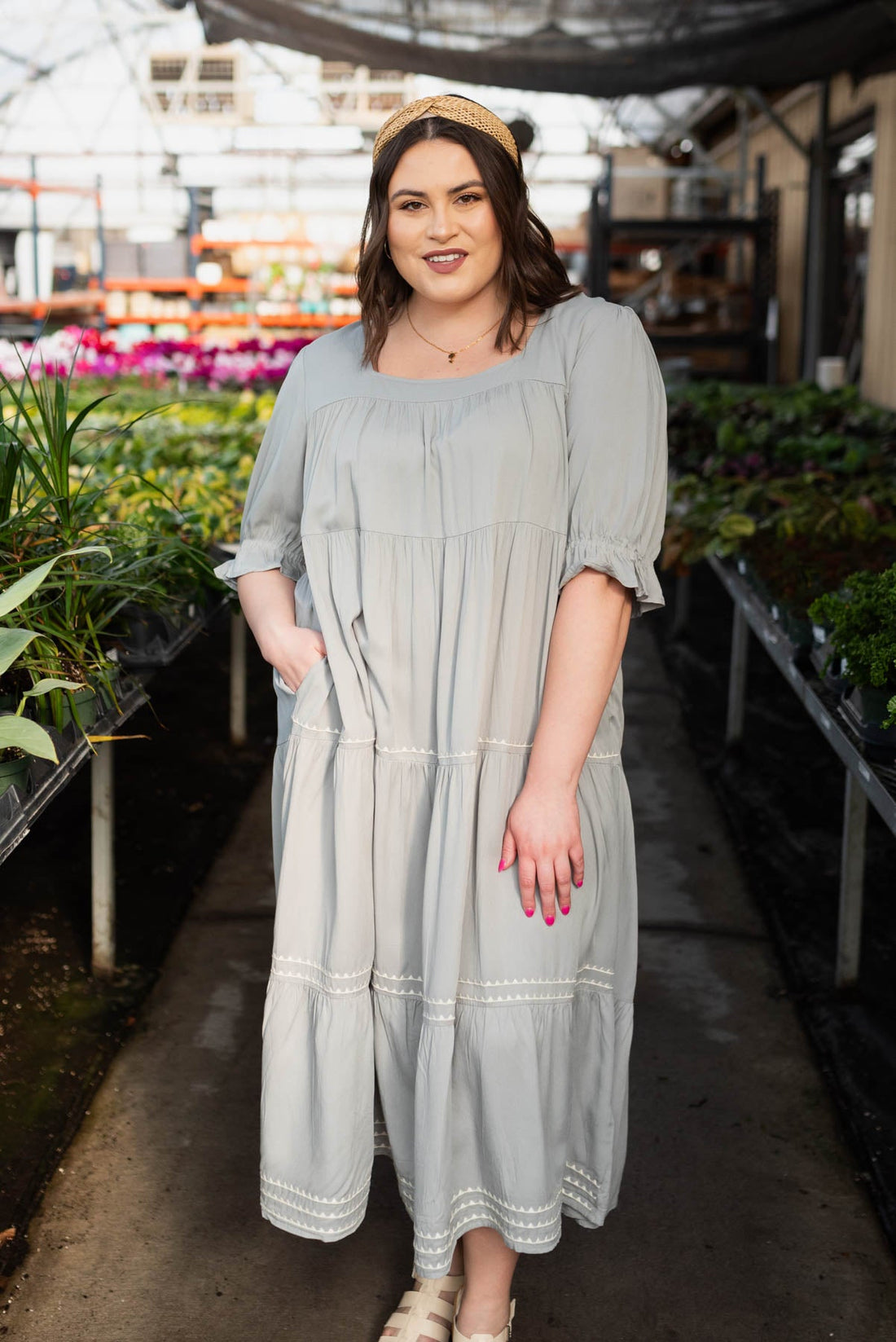 Ellia Cool Jade Embroidered Tiered Dress