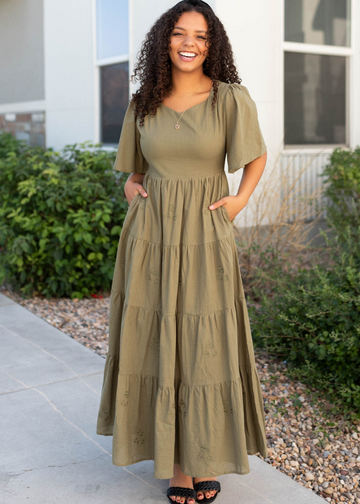 Ellie Olive Floral Embroidered Dress