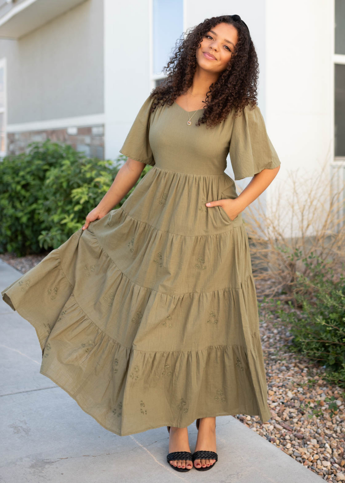 Ellie Olive Floral Embroidered Dress