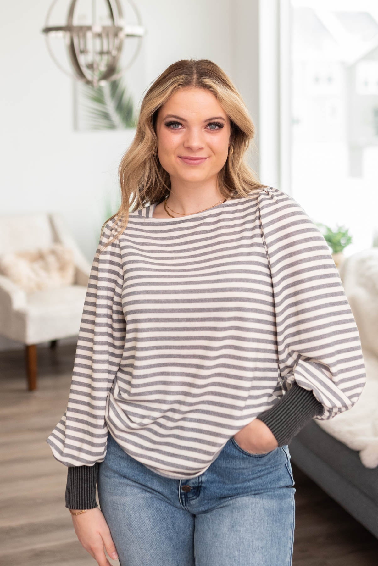 Evanna Grey Striped Long Sleeve Top