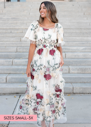 Evie Cream Floral Mesh Dress